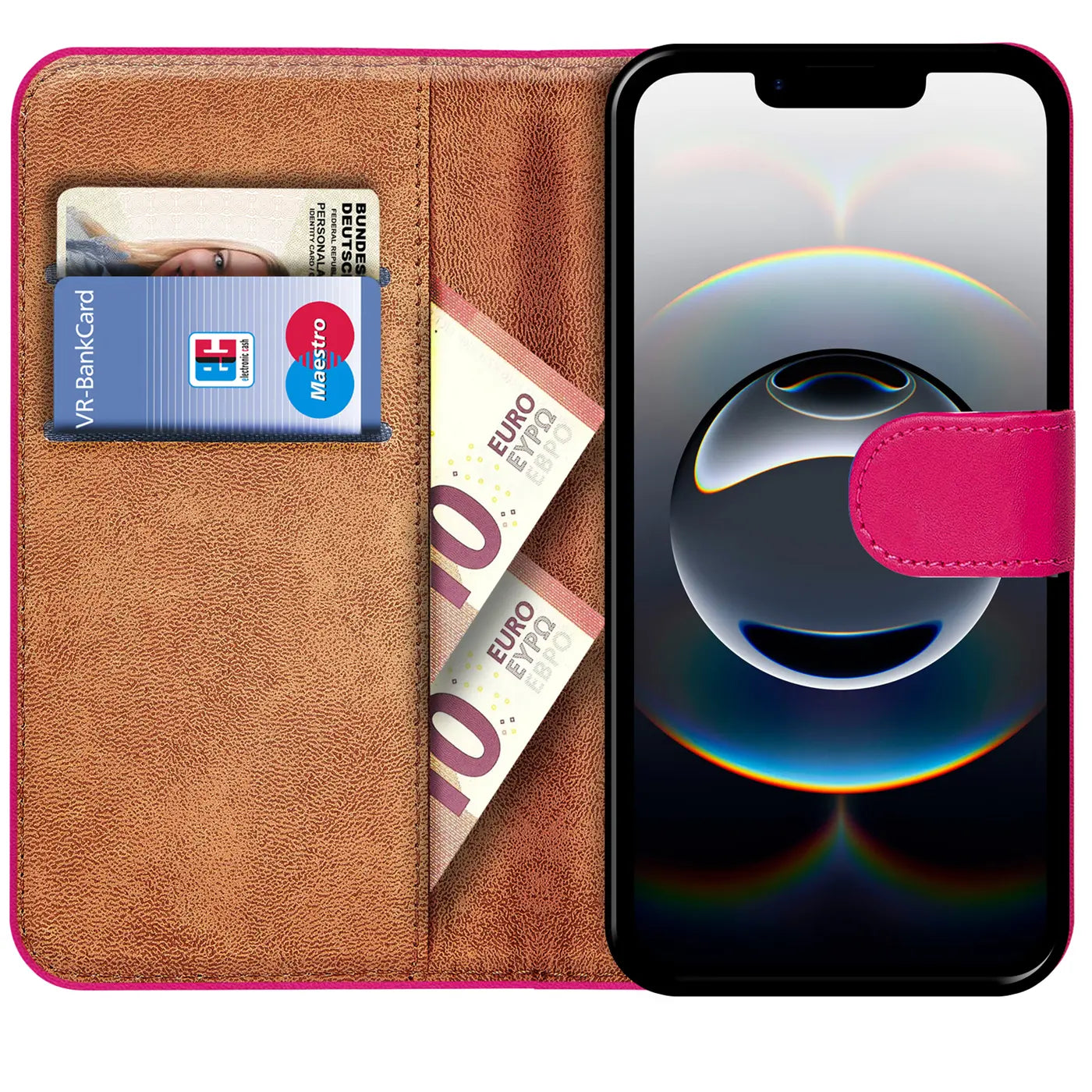 Braune Leder-Klapphülle mit Kartenfach, pink, mit iPhone 16e, von vorne