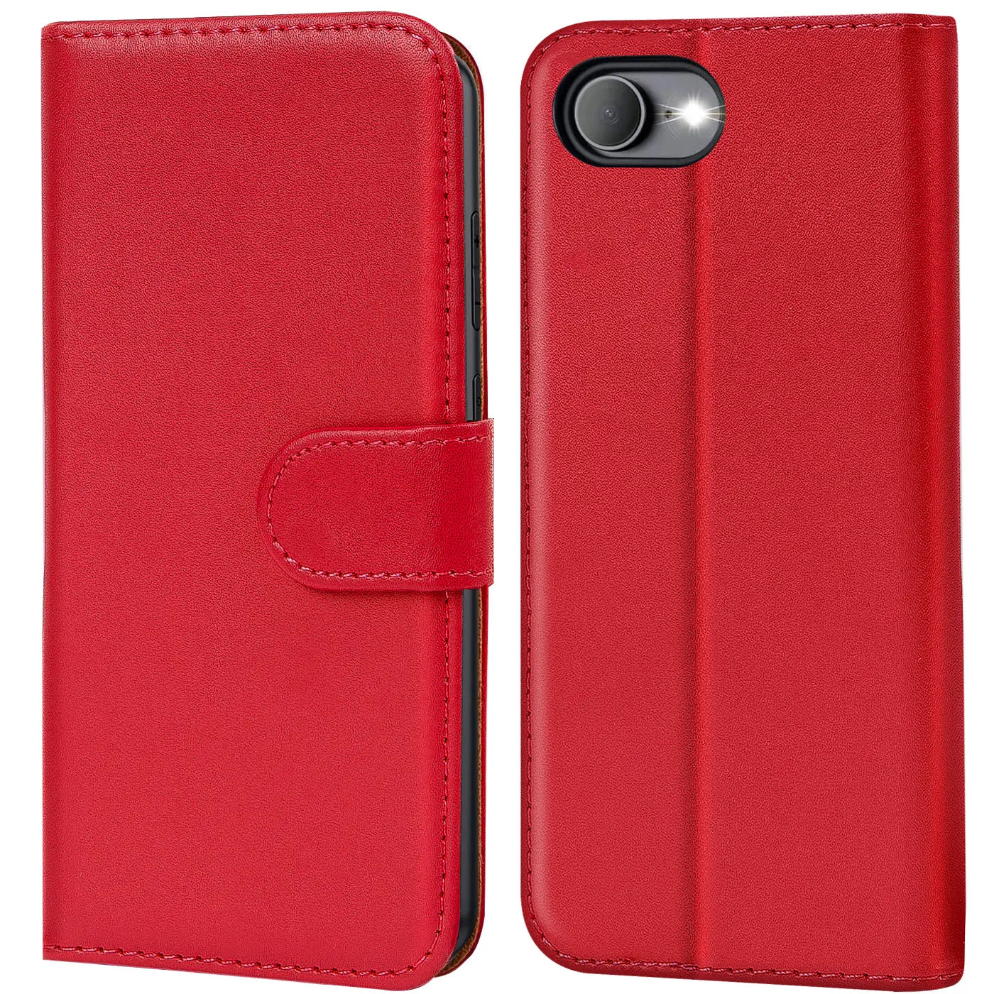 Rote Kunstleder-Klapphülle, Vorder- und Rückansicht, für iPhone 16e.
