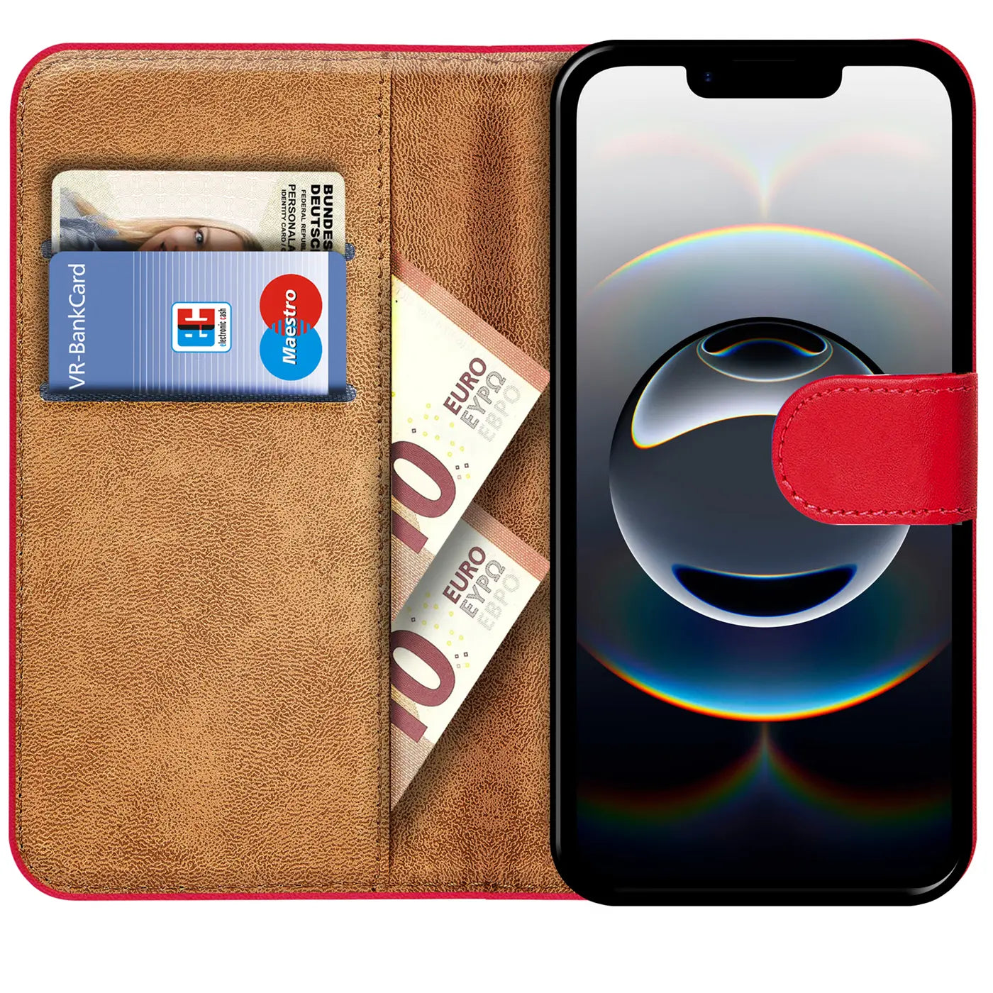 Rote Leder-Klapphülle mit Kartenfächern, zeigt ein iPhone.