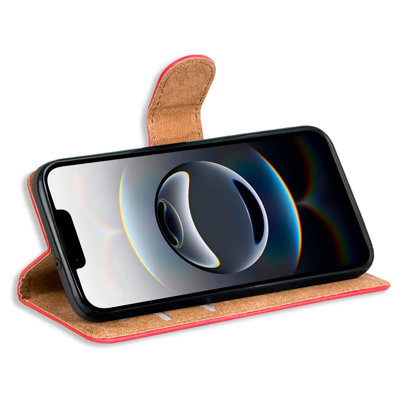 Rote Leder-Klapphülle mit braunem Innenfutter, seitliche Ansicht, zeigt ein Smartphone.