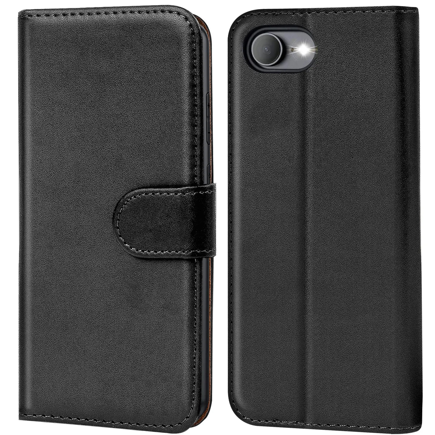 Schwarze Leder-Klapphülle für iPhone 16e, Vorder- und Rückansicht.
