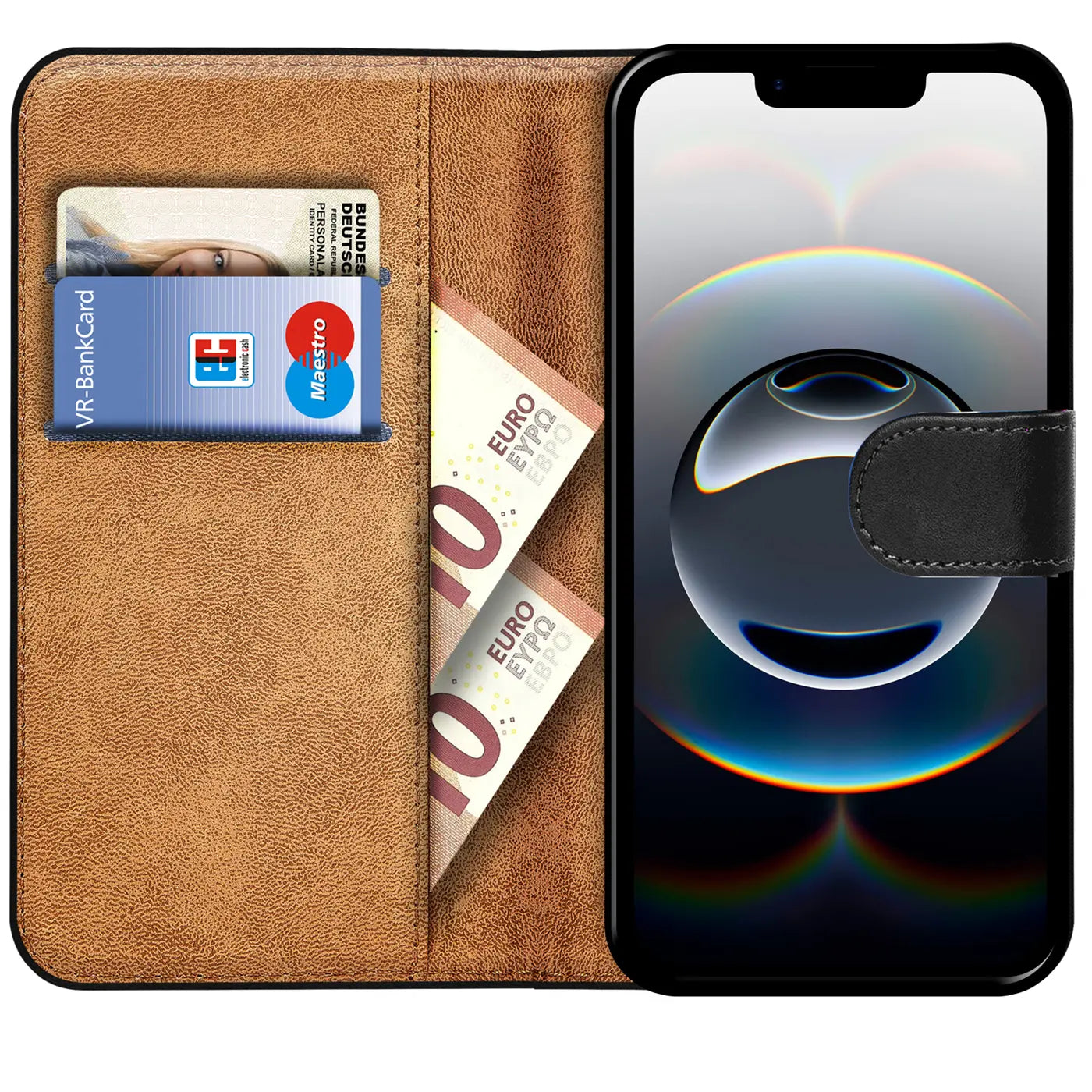 Braune Leder-Klapphülle mit Kartenfächern und Geldscheinen, zeigt iPhone 16e.