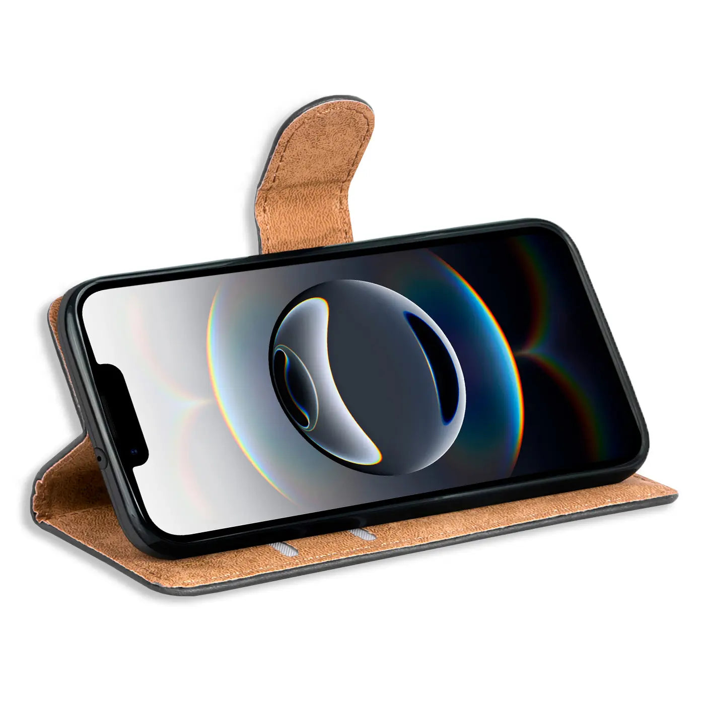 Braune Leder-Klapphülle mit iPhone 16e, von vorne schräg.