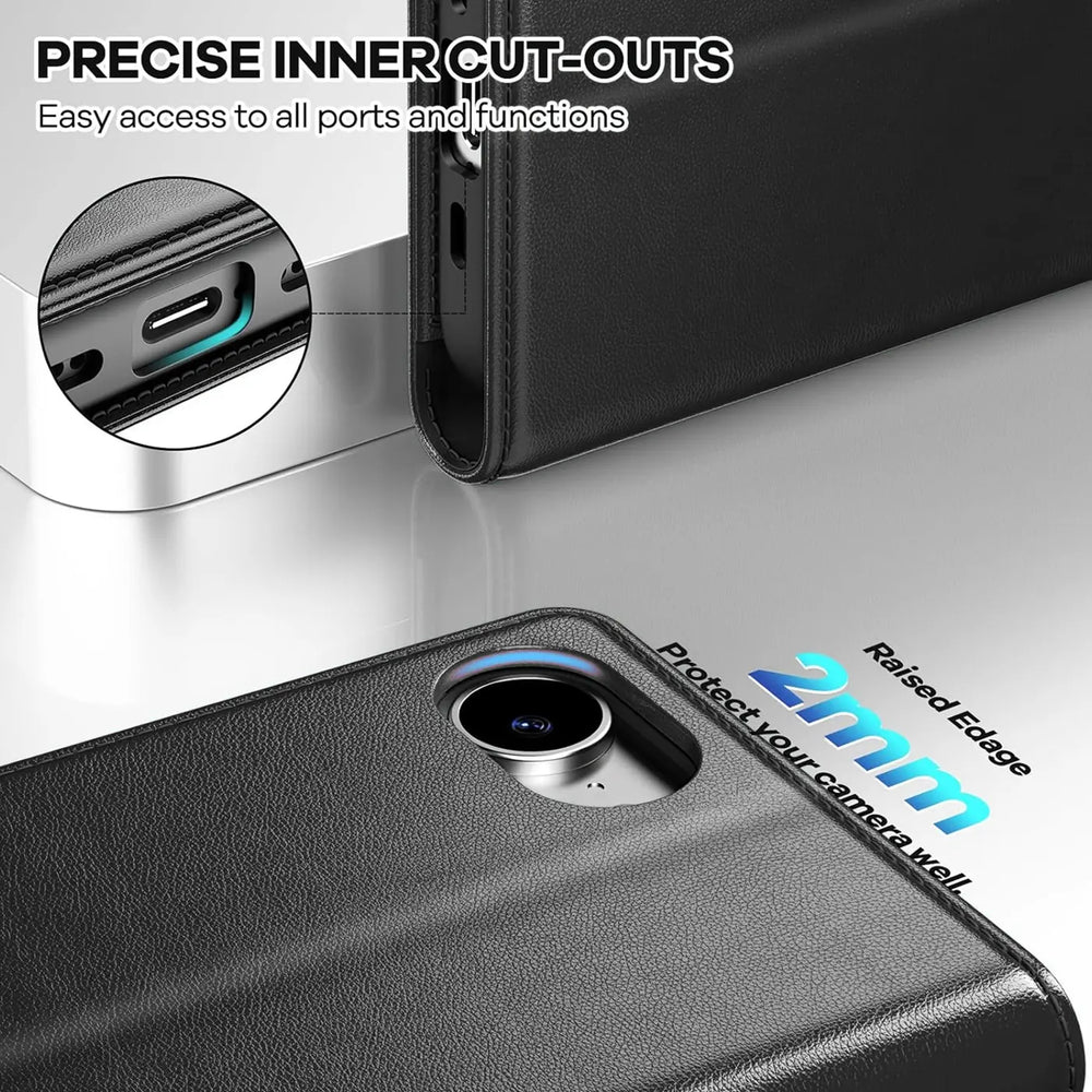 Apple iPhone 16e Klapphülle in Schwarz mit Kartenfächern und Schutz