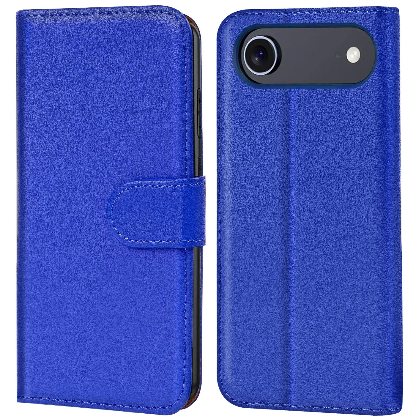 Blaue Kunstleder-Klapphülle, Vorder- und Rückansicht, mit Kameraaussparung.