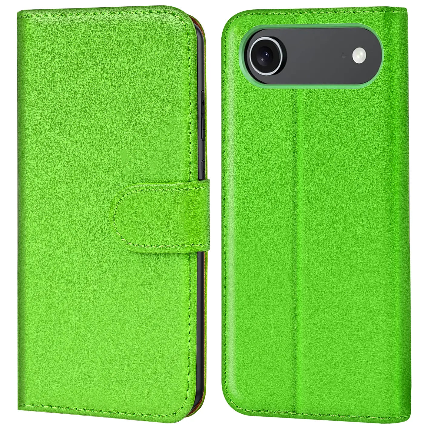 Grüne Kunstleder-Klapphülle, Vorder- und Rückseite, mit Kartenfächern, für iPhone 17 Air.