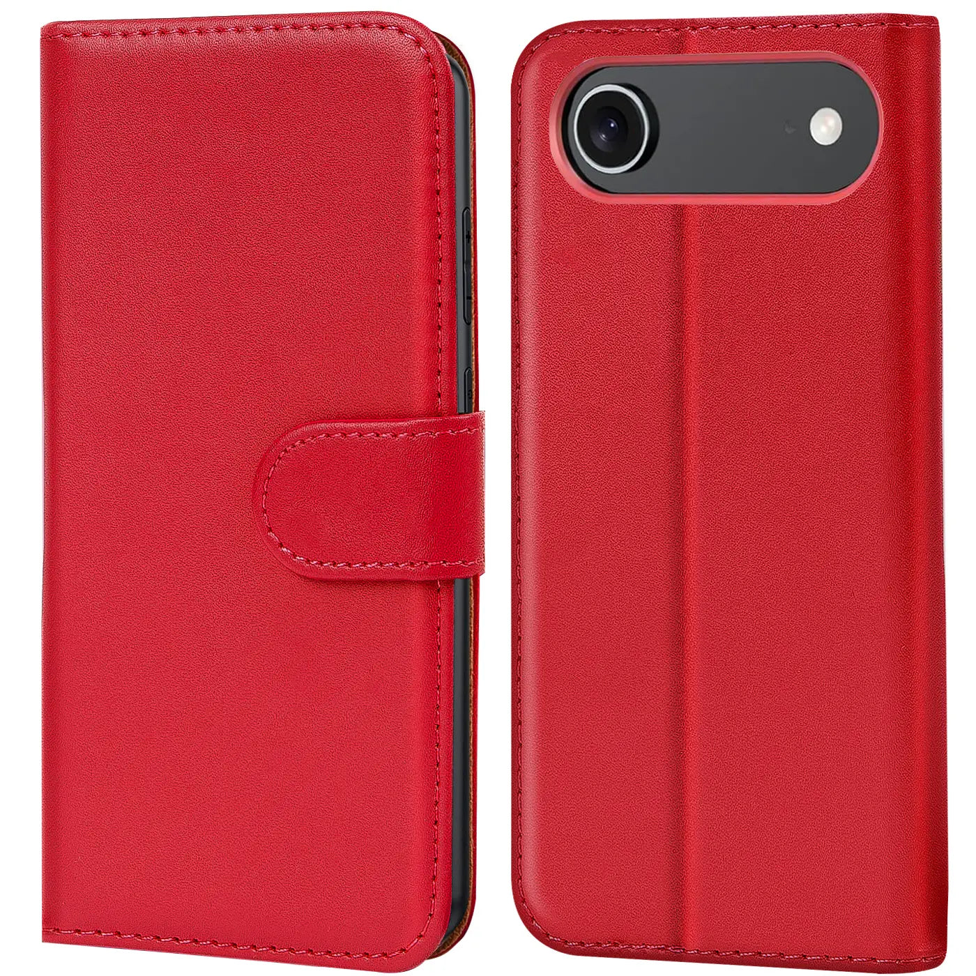 Rote Leder-Klapphülle mit Kartenfächern, Vorder- und Rückansicht, für iPhone 17 Air.