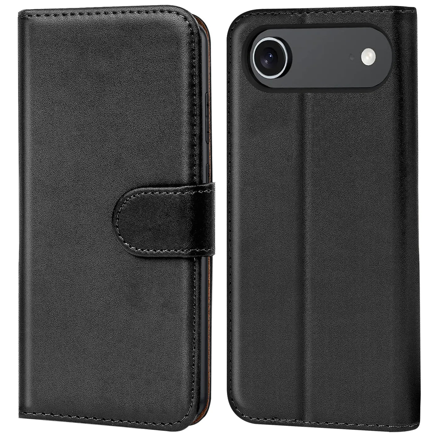 Schwarze Leder-Klapphülle mit Kartenfächern, Vorder- und Rückansicht, für iPhone 17 Air