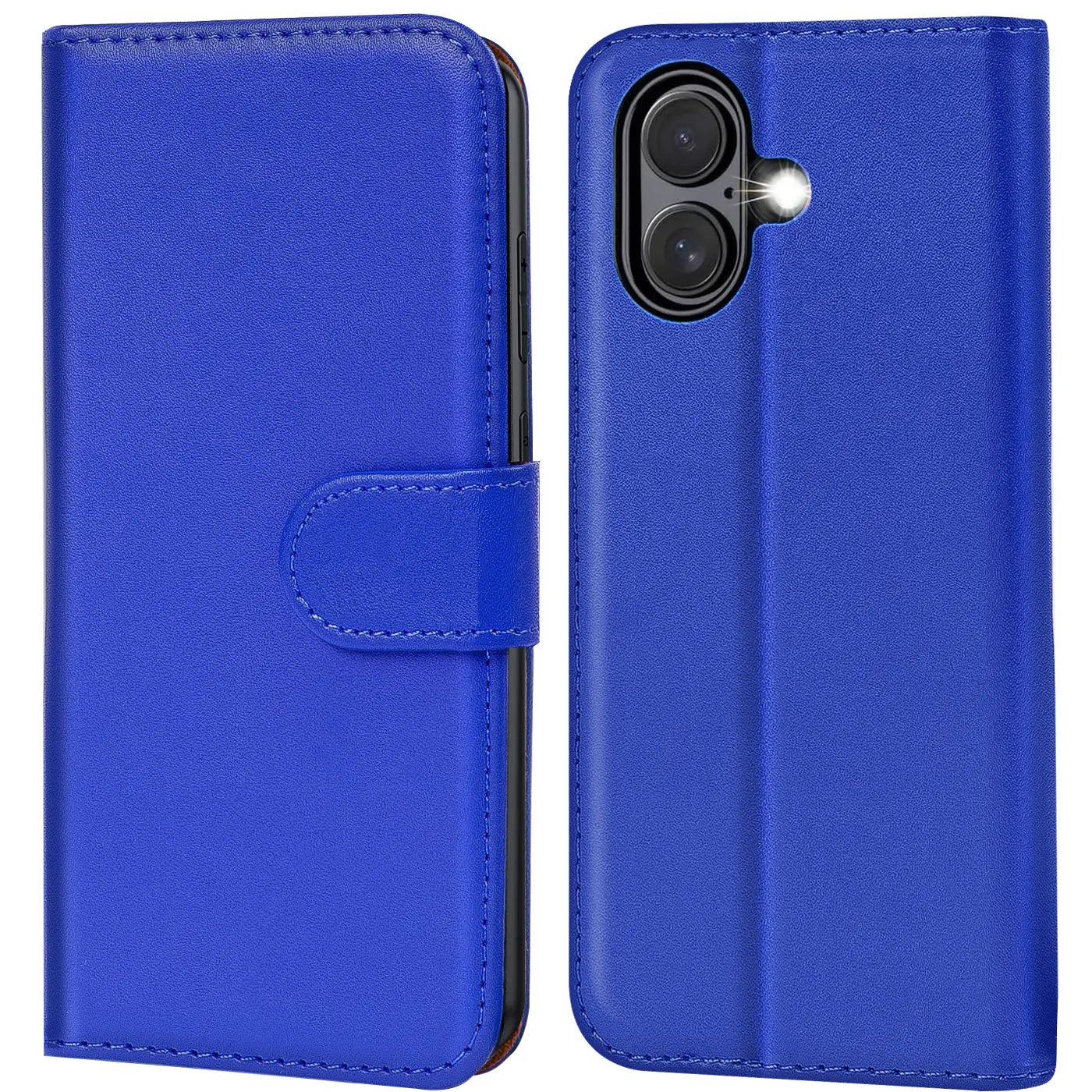 Blaue Kunstleder-Klapphülle, Vorder- und Rückansicht, mit Kartenfächern, für iPhone 17.