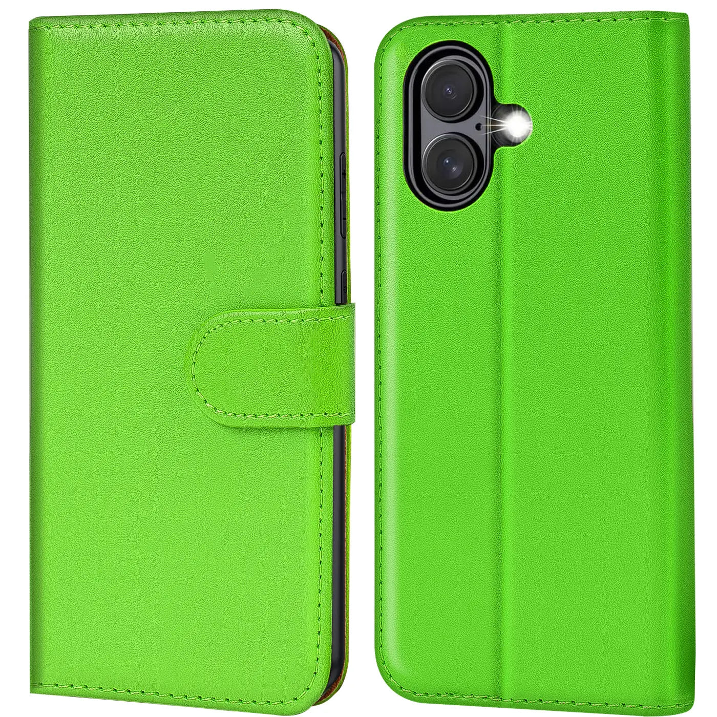 Grüne Kunstleder-Klapphülle mit Kartenfächern, Vorder- und Rückansicht, für iPhone 17.