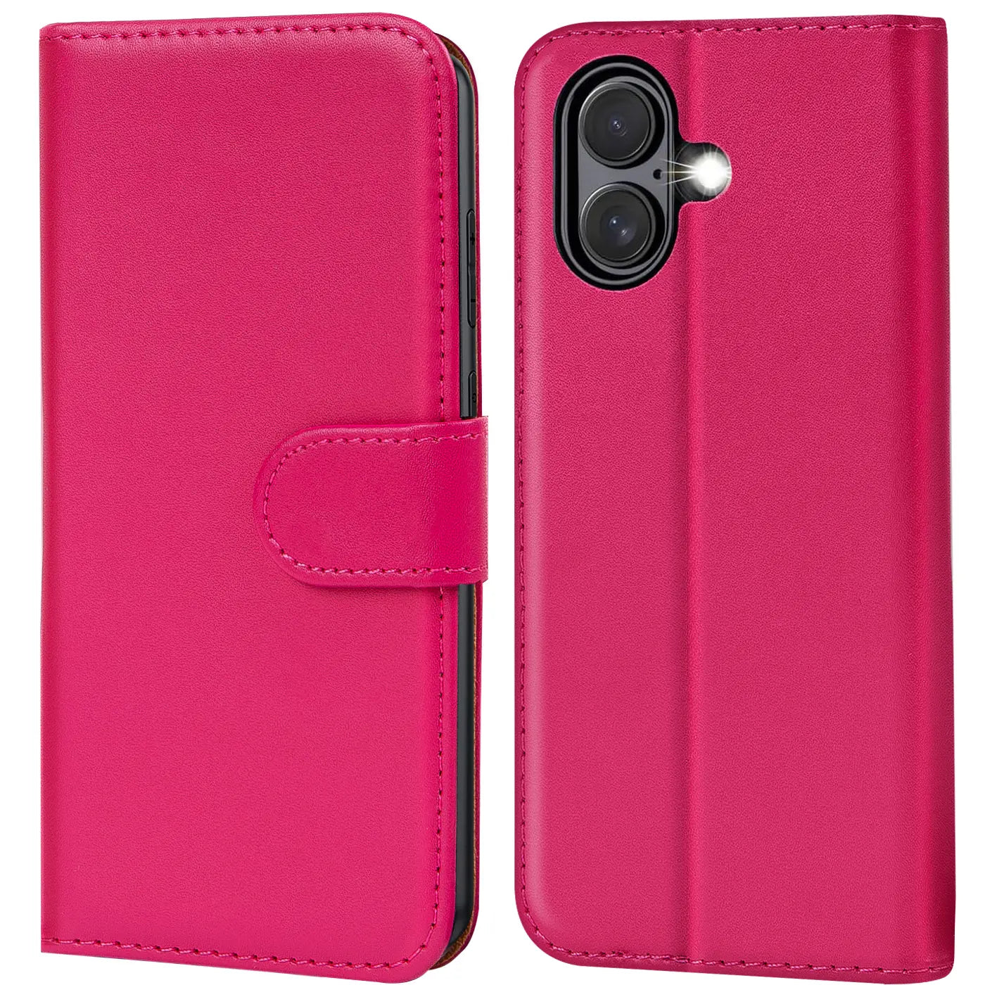 Pink Kunstleder-Klapphülle, Vorder- und Rückansicht, mit Kameraaussparung.