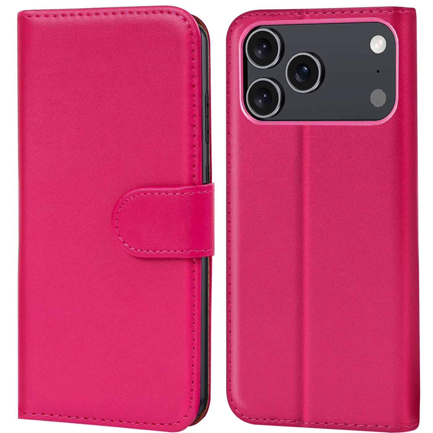 Pink Leder-Klapphülle, Vorder- und Rückansicht, für iPhone 17 Pro Max.