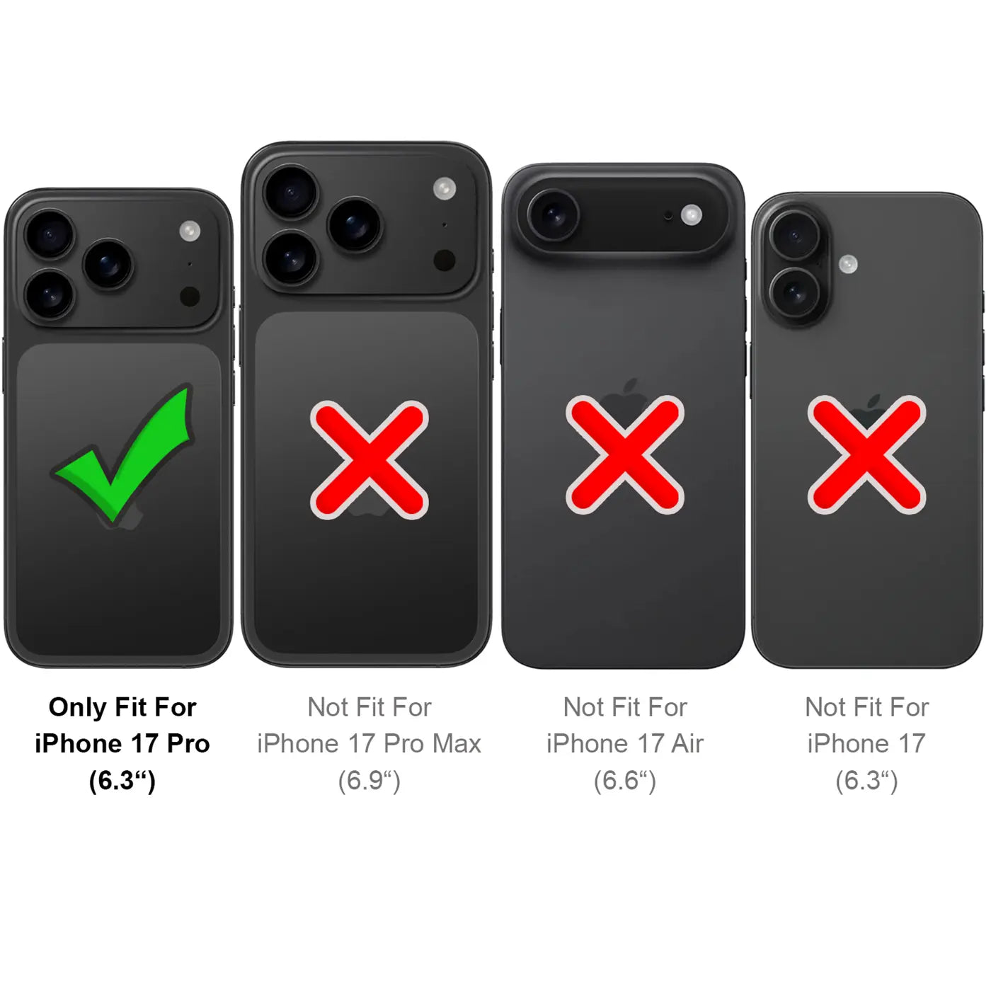 Vier schwarze Handy-Rückseiten, eine mit grünem Haken, drei mit rotem Kreuz.