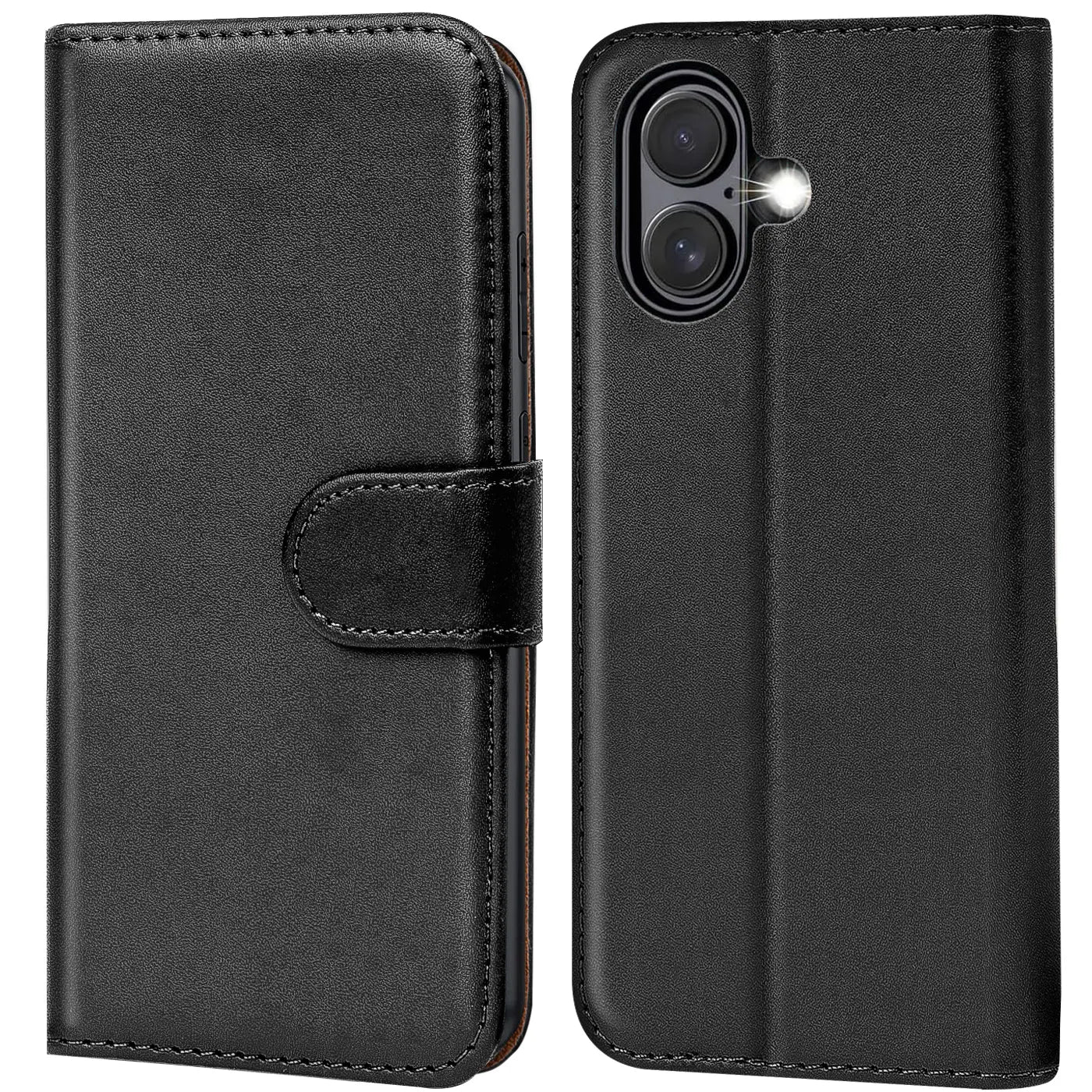 Schwarze Leder-Klapphülle, Vorder- und Rückansicht, mit Kartenfächern, für iPhone 17.