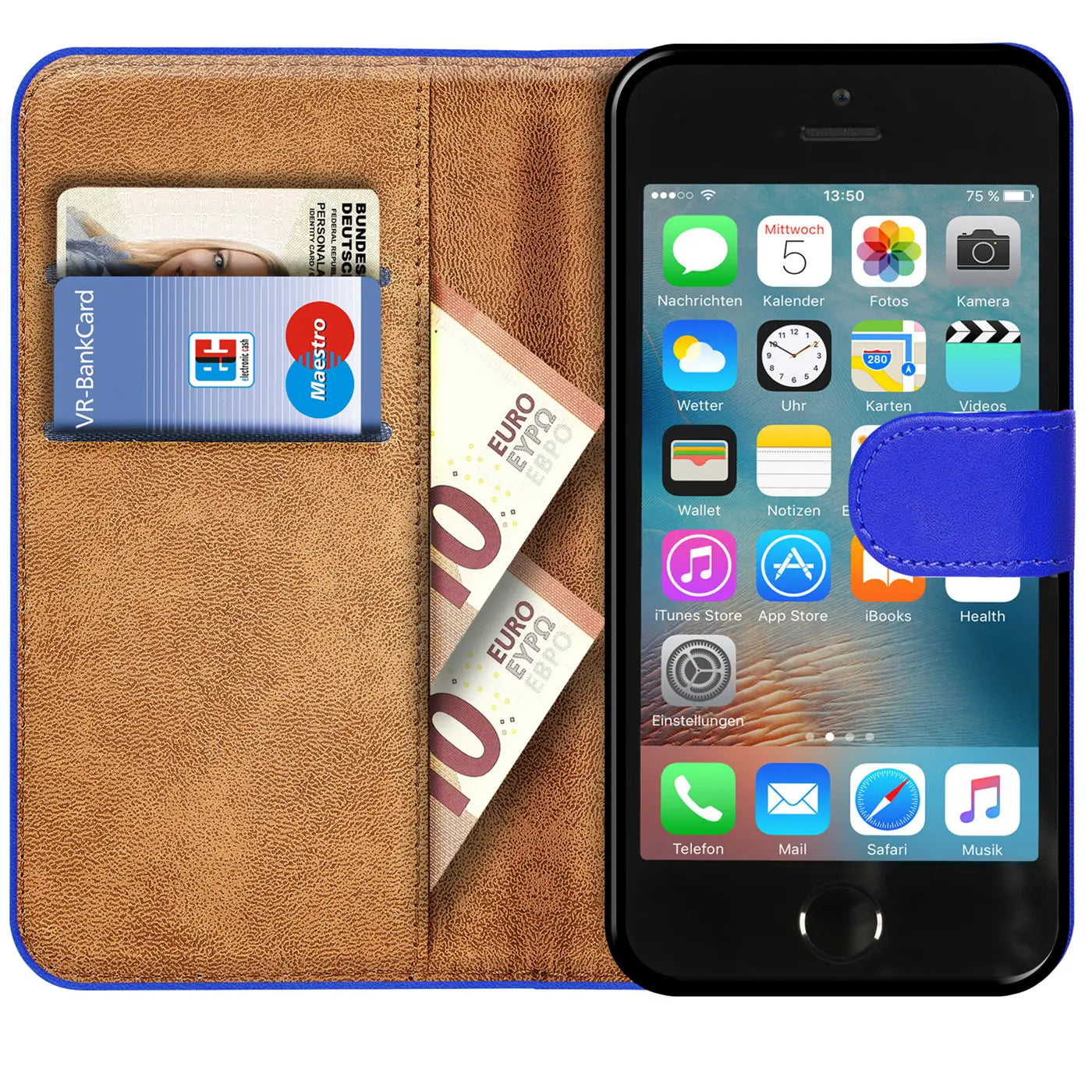 Blaue Klapphülle aus Leder mit Kartenfächern und Geldscheinfach, zeigt iPhone 5/5S/SE mit Euro-Scheinen.