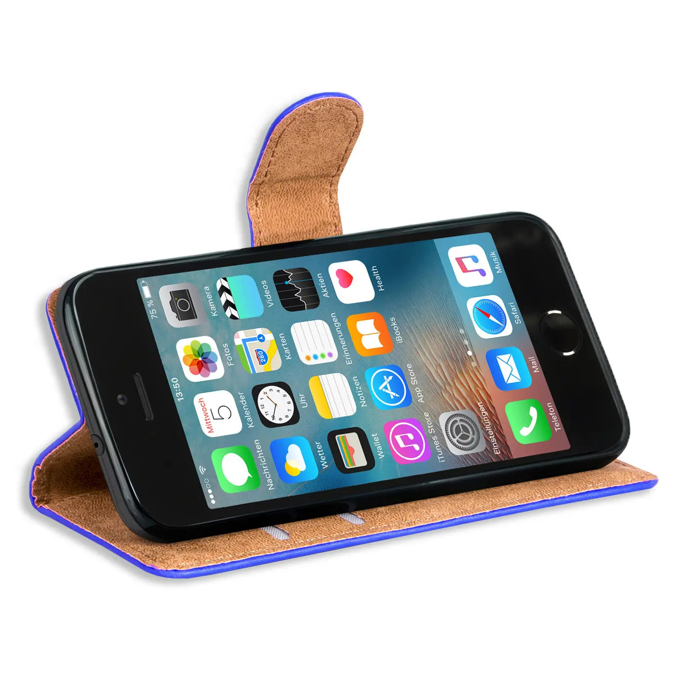 iPhone 5/5S/SE Klapphülle, blau, Kunstleder, von vorne schräg