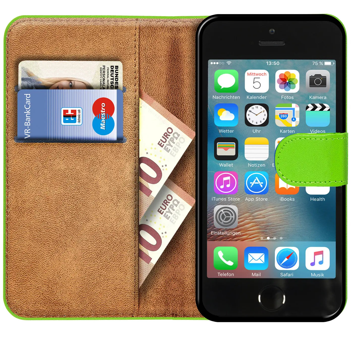 Grüne Klapphülle aus Leder mit Kartenfächern und Geldscheinen, zeigt iPhone 5/5S/SE.