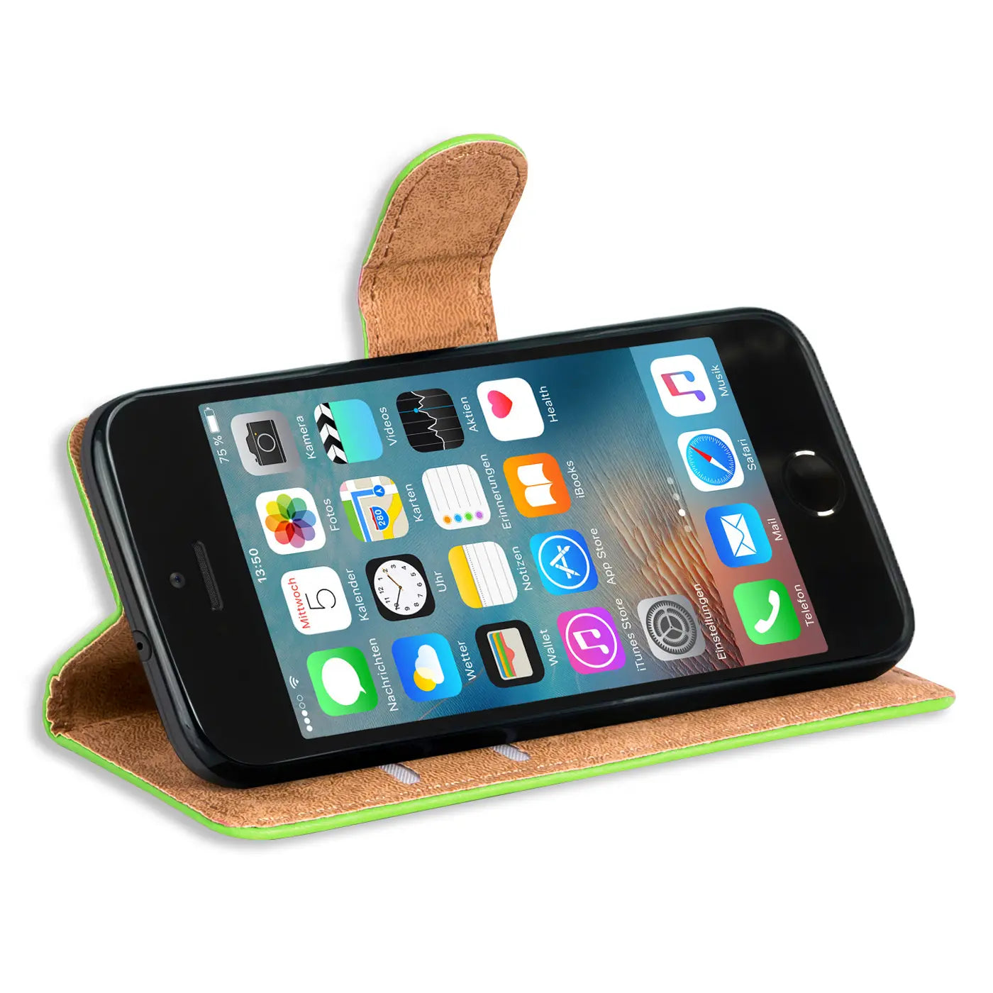 Grüne Klapphülle aus Kunstleder mit Kartenfächern, iPhone 5/5S/SE, Seitenansicht.
