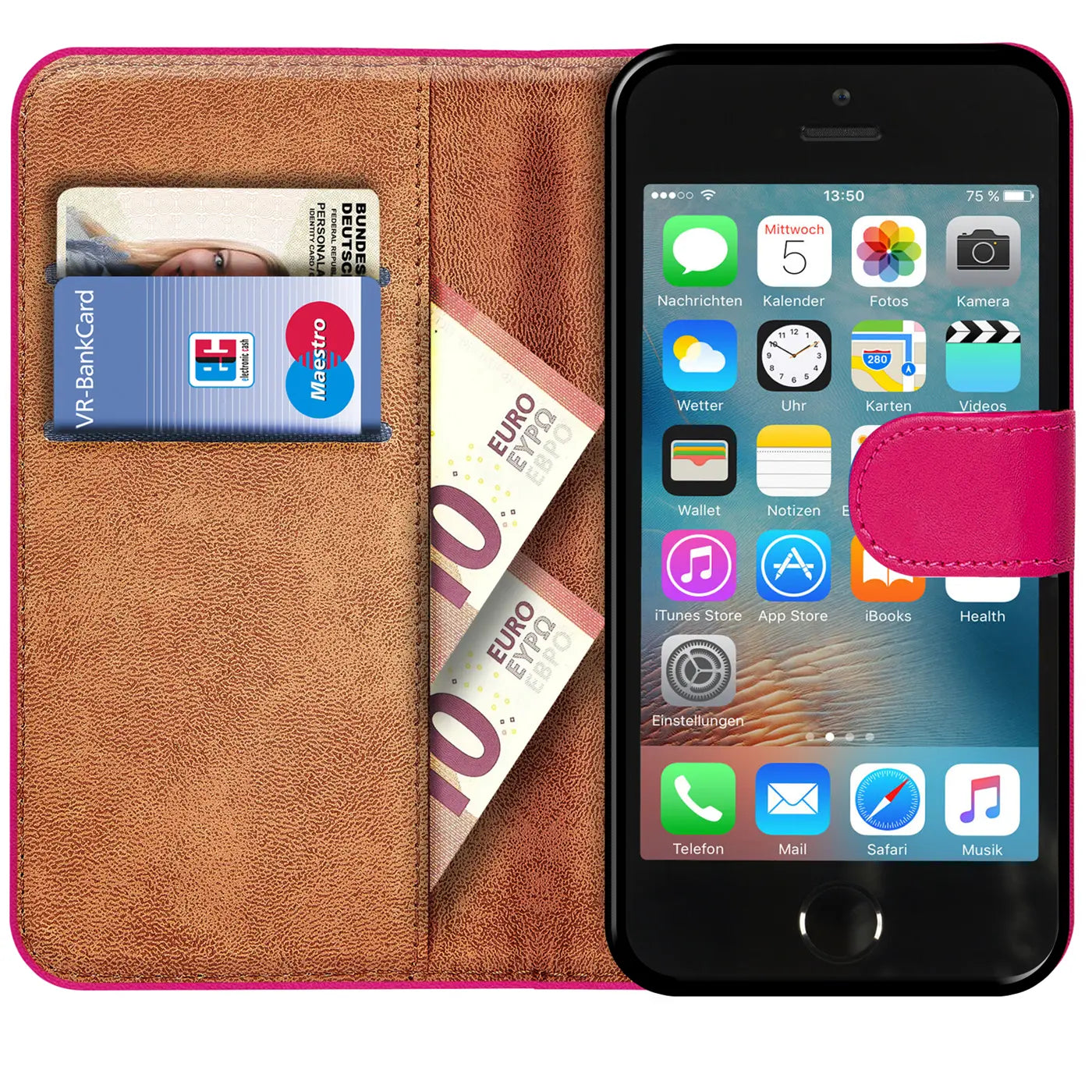 Pink Klapphülle aus Lederimitat mit Kartenfächern, zeigt ein iPhone 5/5S/SE.