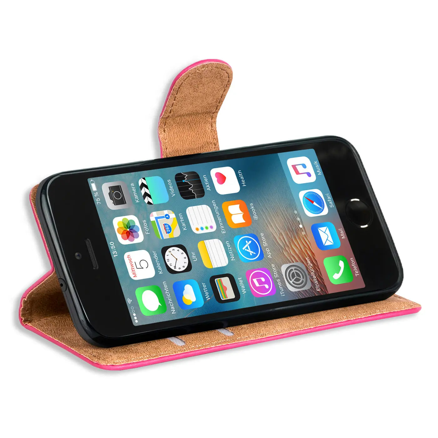 iPhone 5/5S/SE in pink Kunstleder-Klapphülle, von vorne schräg.
