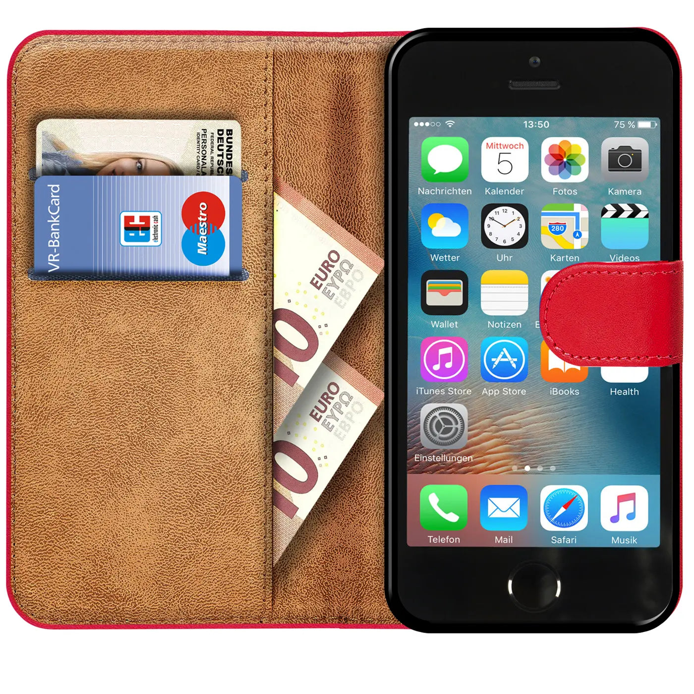 Rote Klapphülle aus Leder mit Kartenfächern, zeigt iPhone 5/5S/SE, von oben.