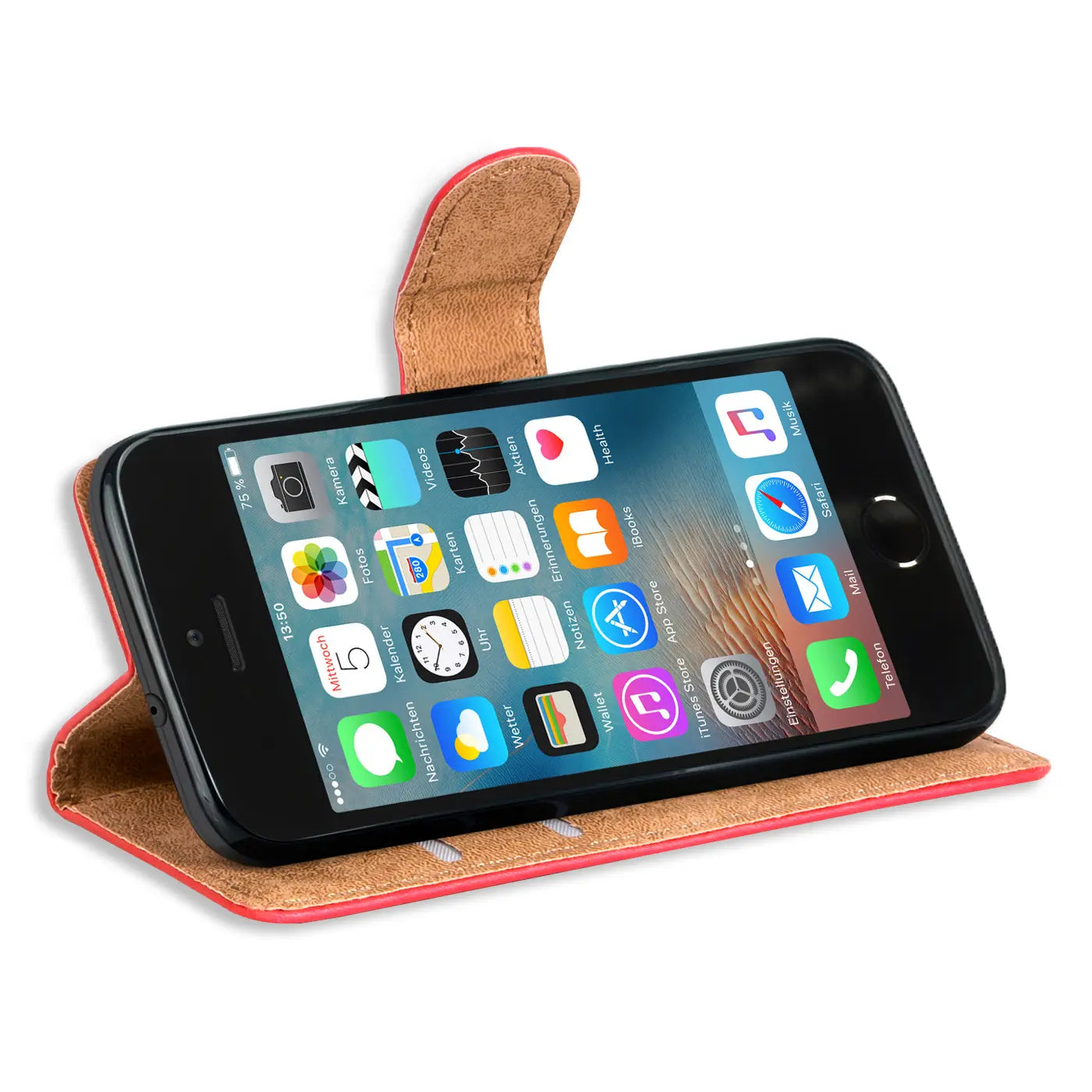 Rote Klapphülle aus Leder mit Kartenfächern für ein iPhone 5/5S/SE, Seitenansicht.