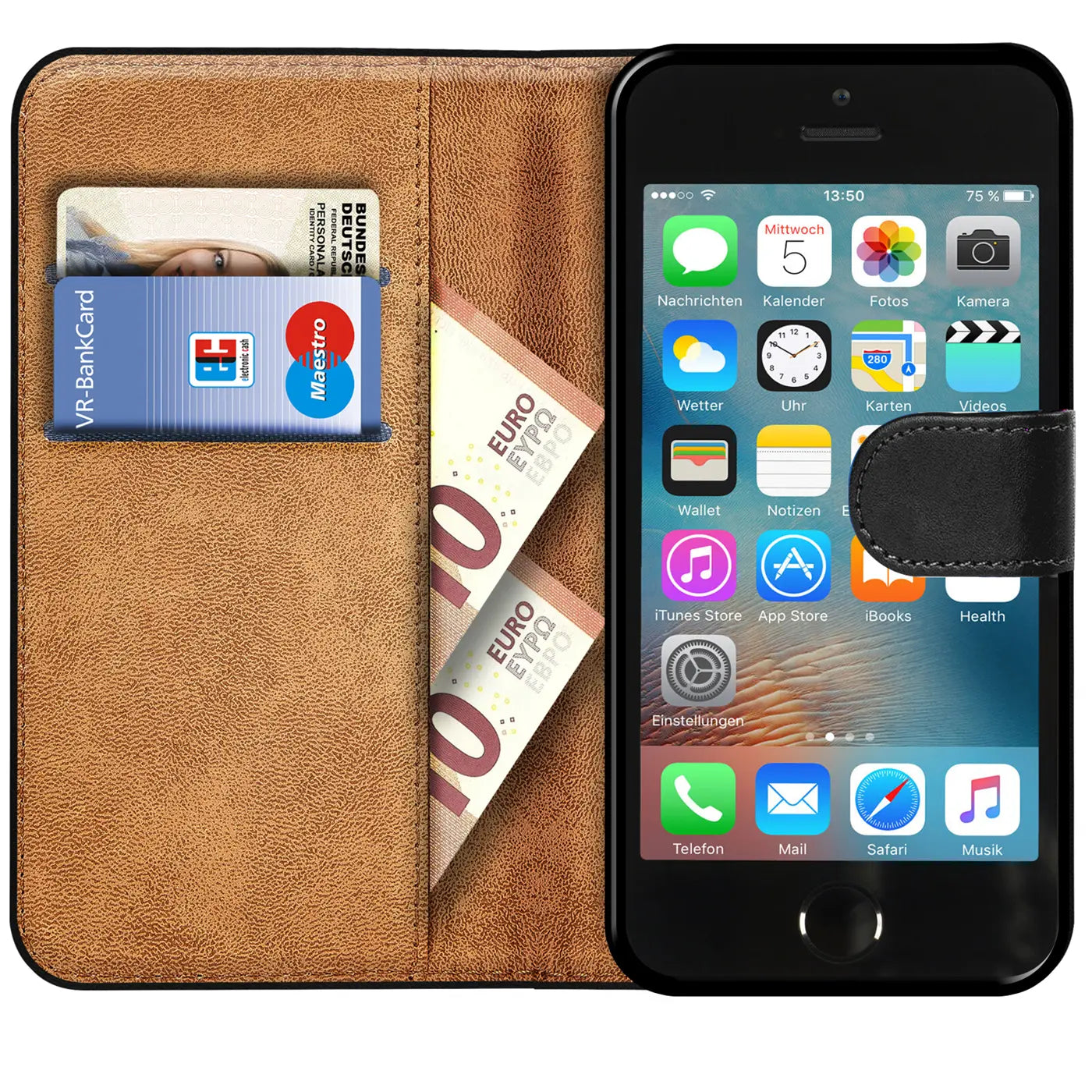 Braune Leder-Klapphülle mit Kartenfächern und Geldscheinen, zeigt ein schwarzes iPhone 5/5S/SE.