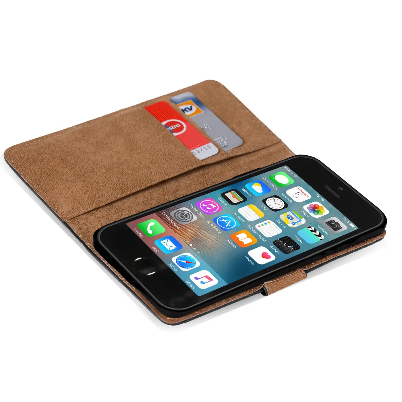 Braune Klapphülle aus Lederimitat mit Kartenfächern, zeigt iPhone 5/5S/SE von oben.