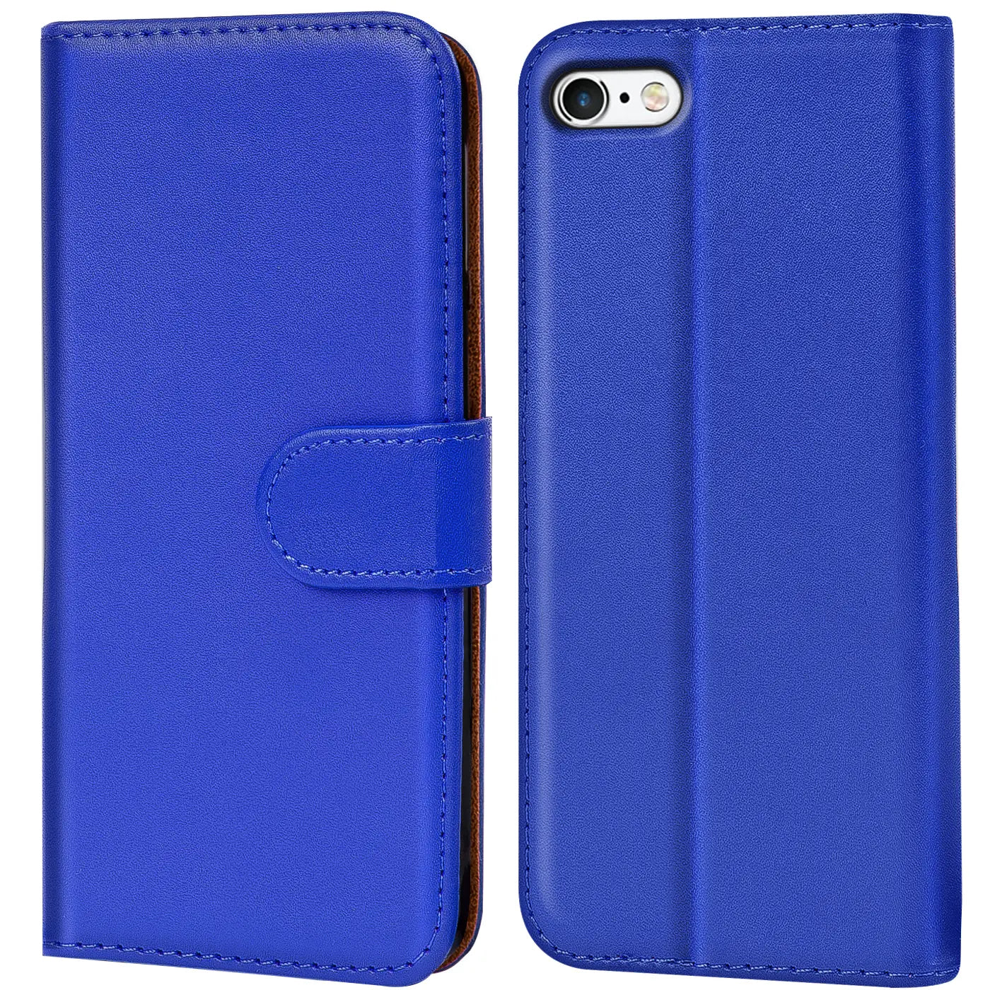 Blaue Kunstleder-Klapphülle mit Kartenfächern, Vorder- und Rückansicht, für iPhone 6/6S.
