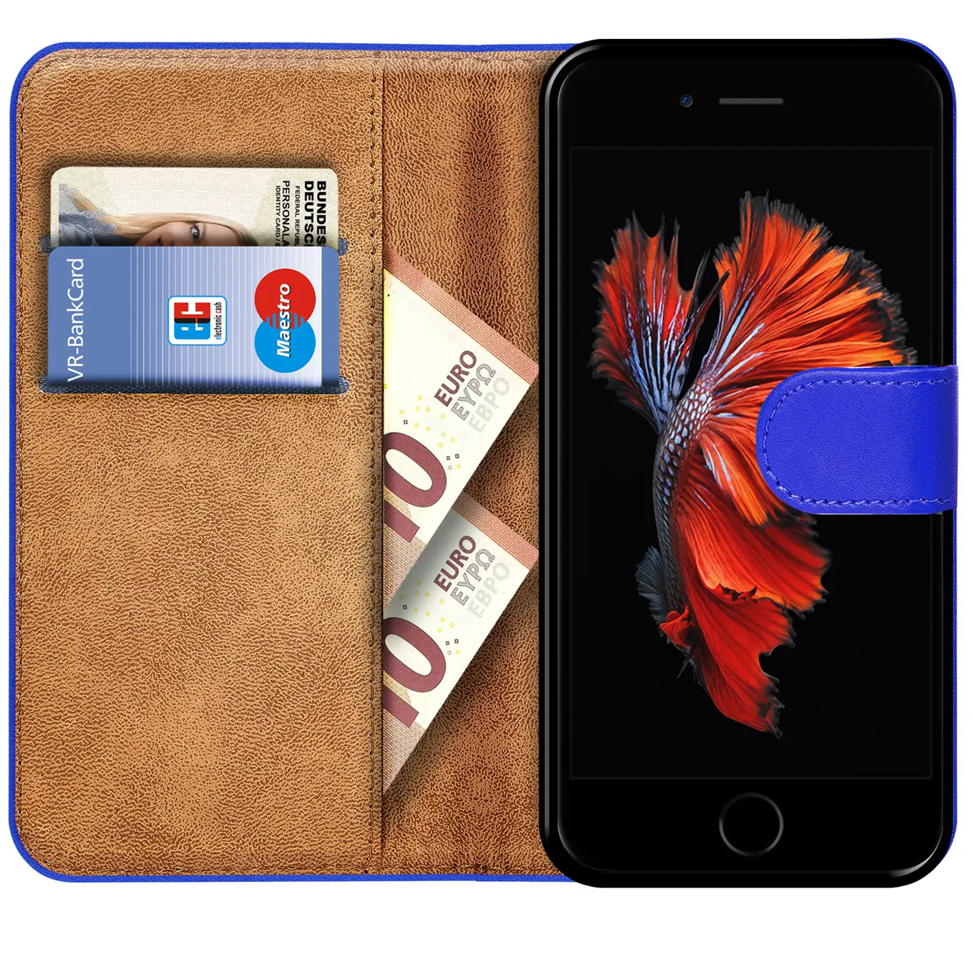 Blaue Klapphülle aus Lederimitat mit Kartenfächern, zeigt ein iPhone 6/6S mit Fisch-Hintergrund.