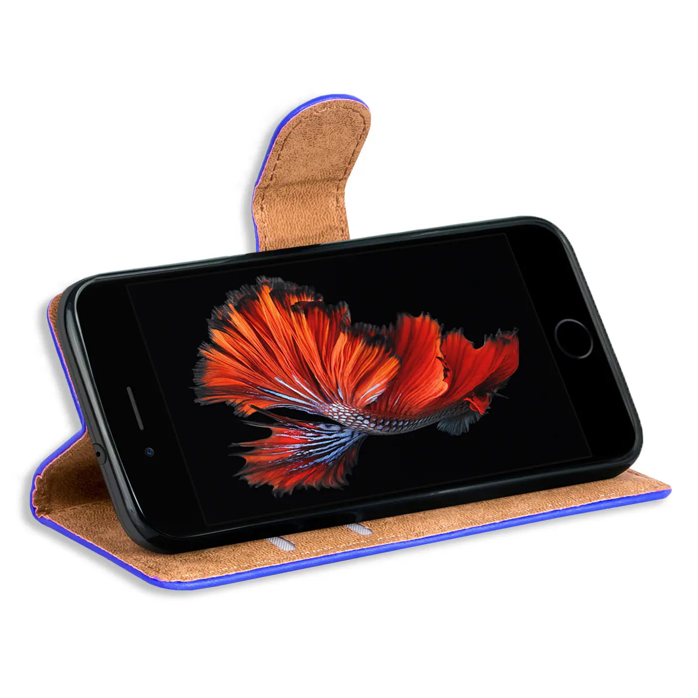 iPhone 6/6S Klapphülle, blau/braun, Lederoptik, von vorne schräg