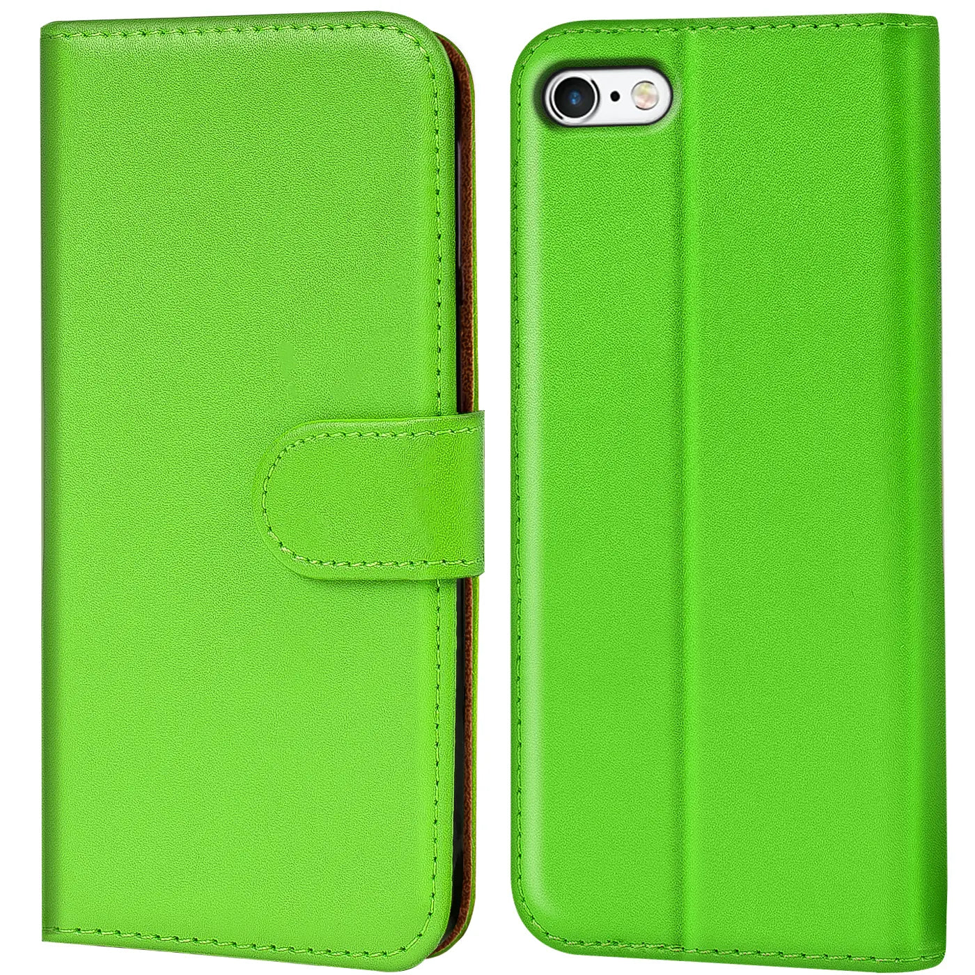Grüne Klapphülle aus Kunstleder für iPhone 6/6S, Vorder- und Rückansicht.