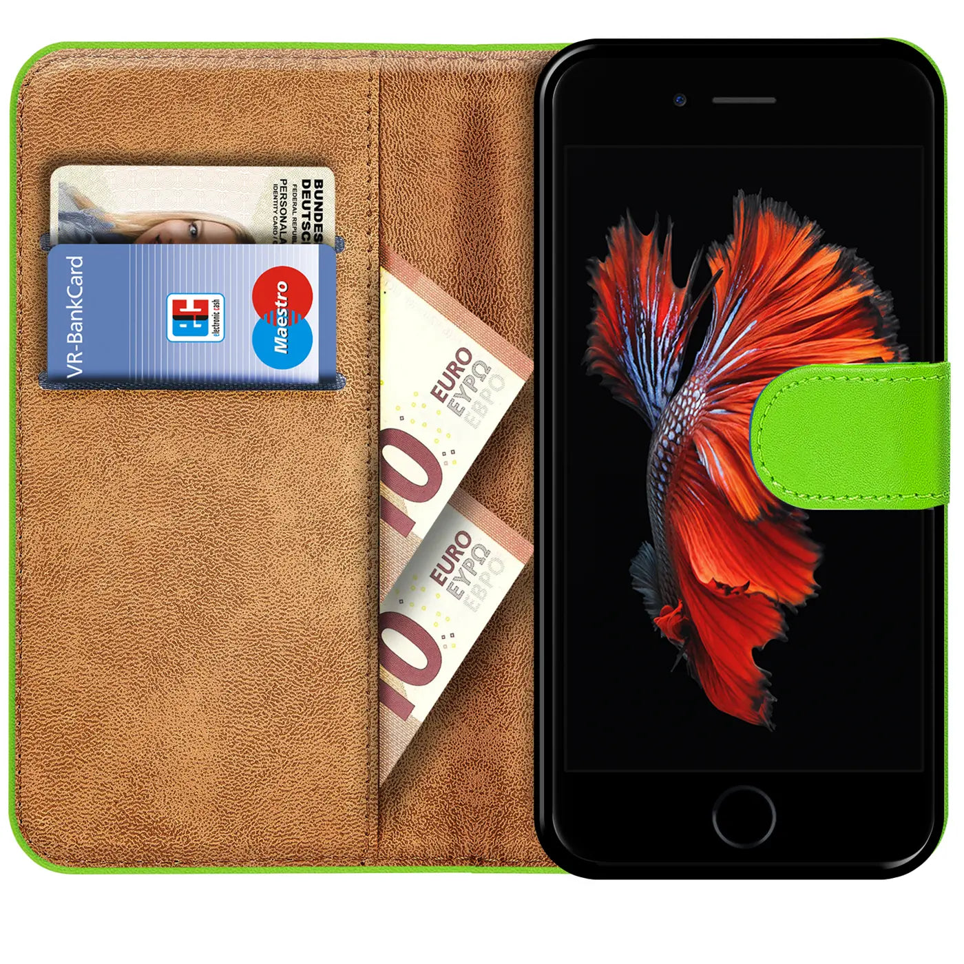 Grüne Klapphülle aus Leder mit Kartenfächern und Geldscheinen, zeigt ein iPhone 6/6S.