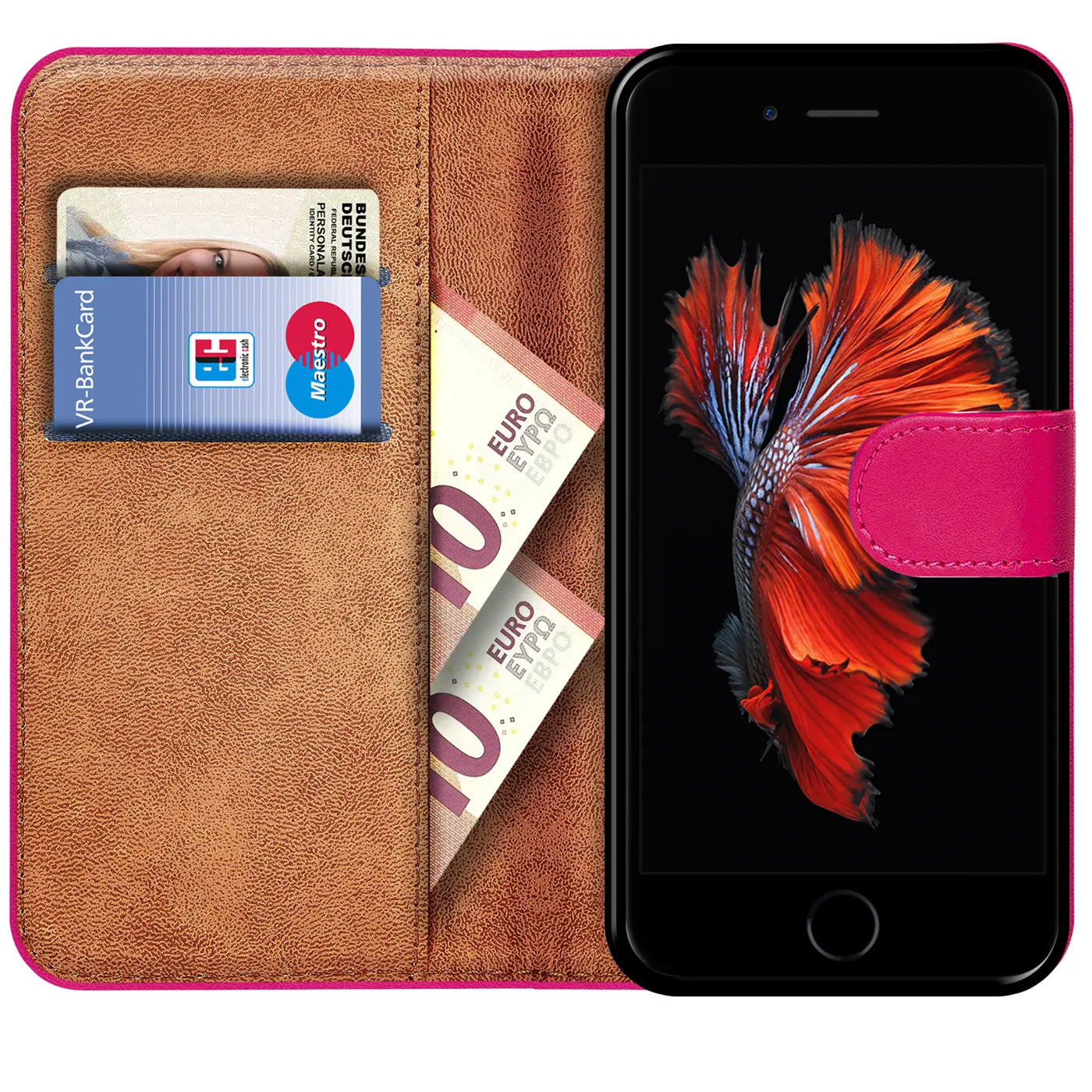 Pink Klapphülle aus Leder mit Kartenfächern und iPhone 6/6S.