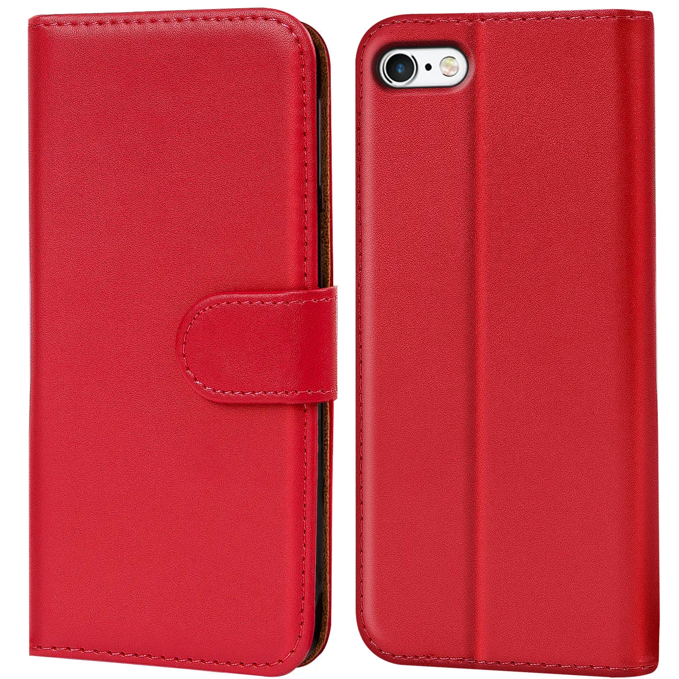 Rote Leder-Klapphülle mit Kartenfächern, Vorder- und Rückansicht, für iPhone 6/6S.