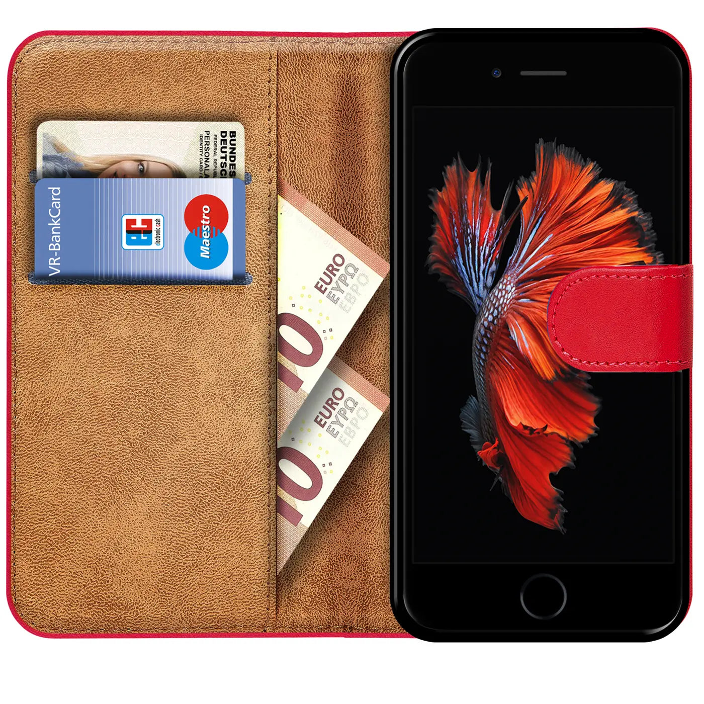 Rote Klapphülle aus Leder mit Kartenfächern, zeigt iPhone 6/6S, Euro-Scheine.
