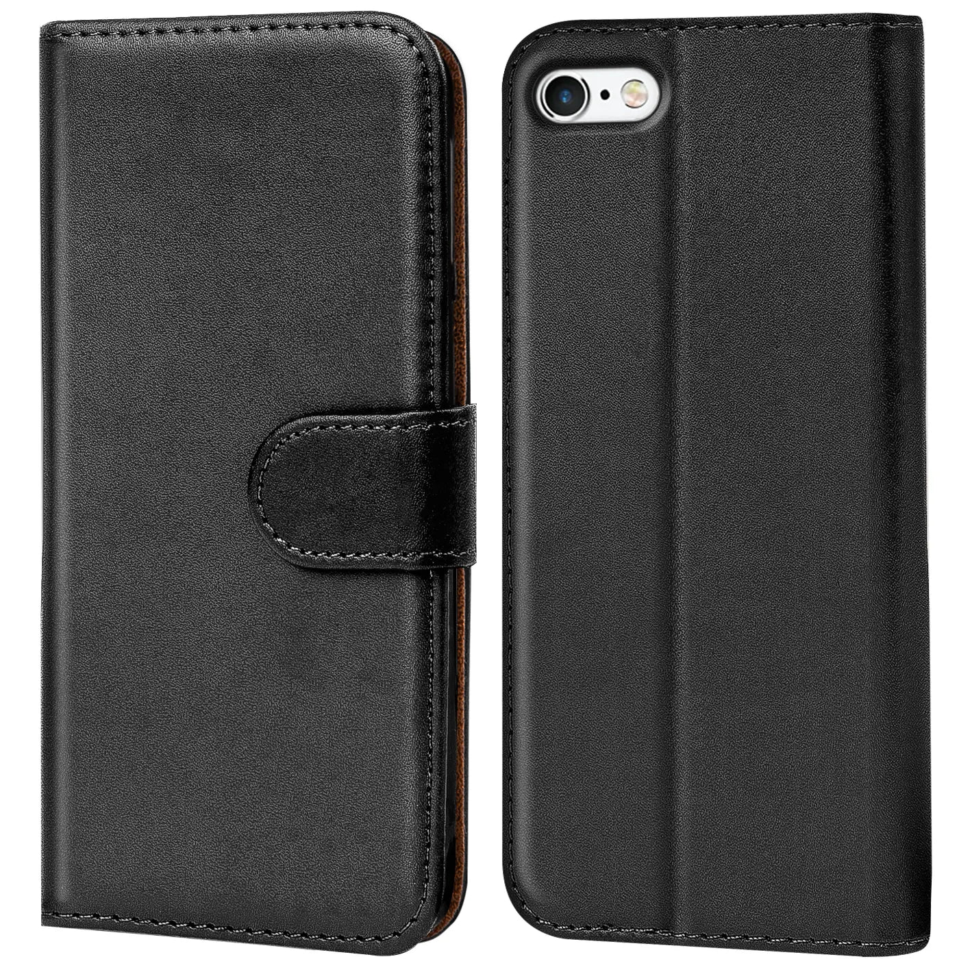 Schwarze Leder-Klapphülle mit Kartenfächern für iPhone 6/6S, Vorder- und Rückansicht.
