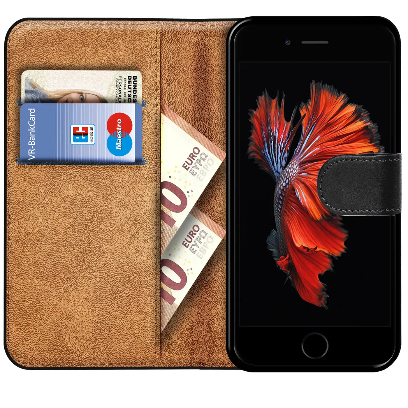 Braune Klapphülle aus Lederimitat mit Kartenfächern und Geldscheinfach, zeigt ein iPhone 6/6S.