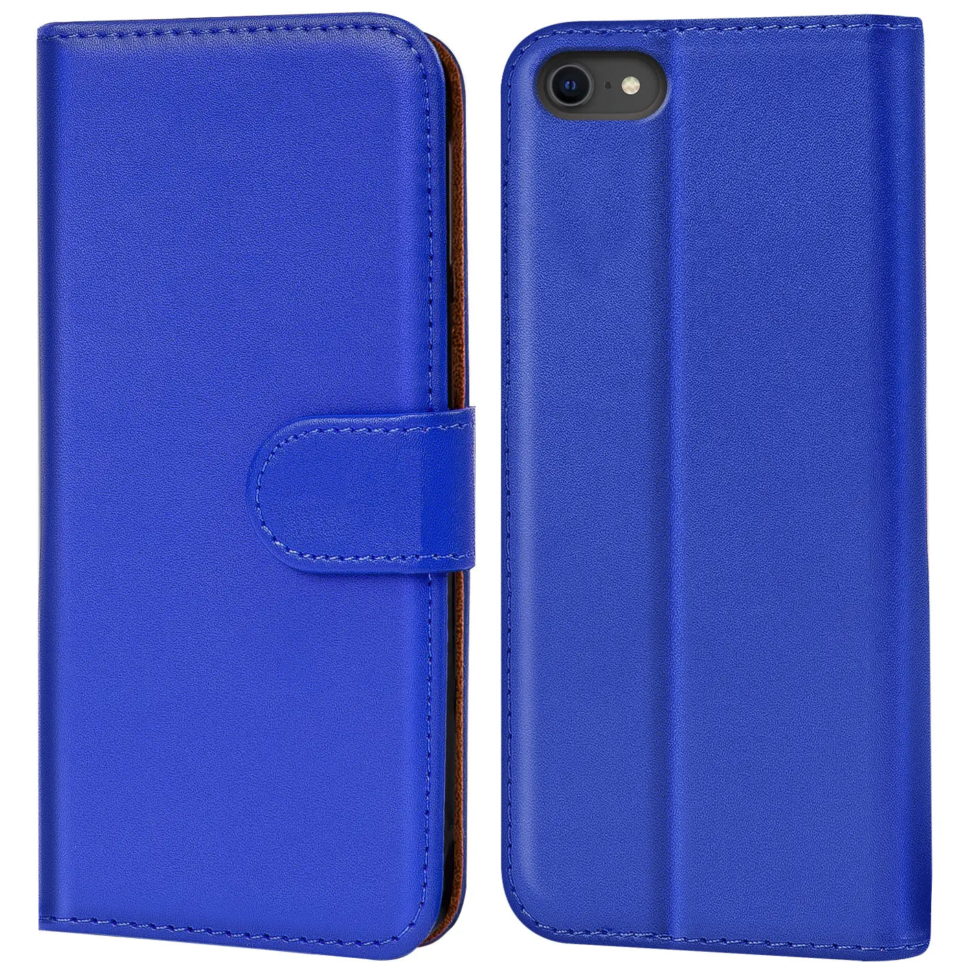 Blaue Kunstleder-Klapphülle mit Magnetverschluss, Vorder- und Rückansicht, iPhone 7/8/SE.