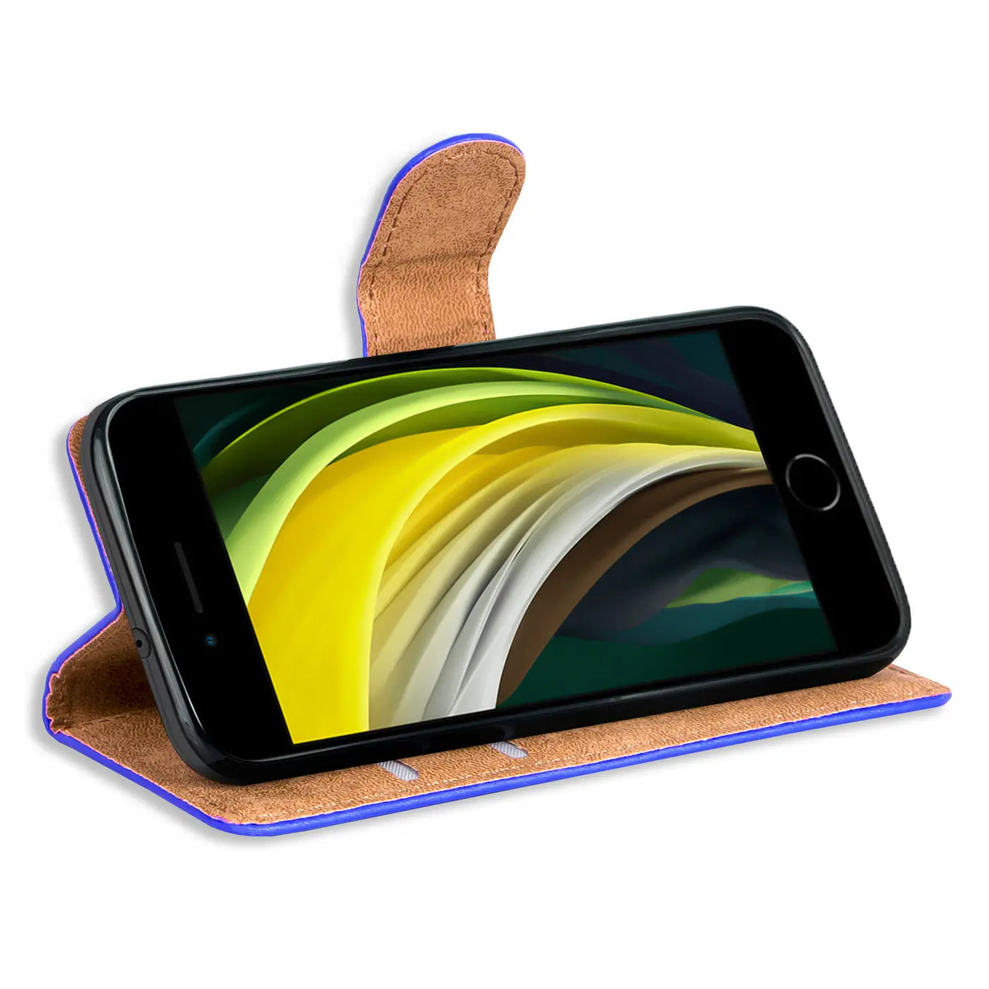 Blaue Klapphülle aus Kunstleder mit braunem Innenfutter, zeigt ein iPhone, von vorne.