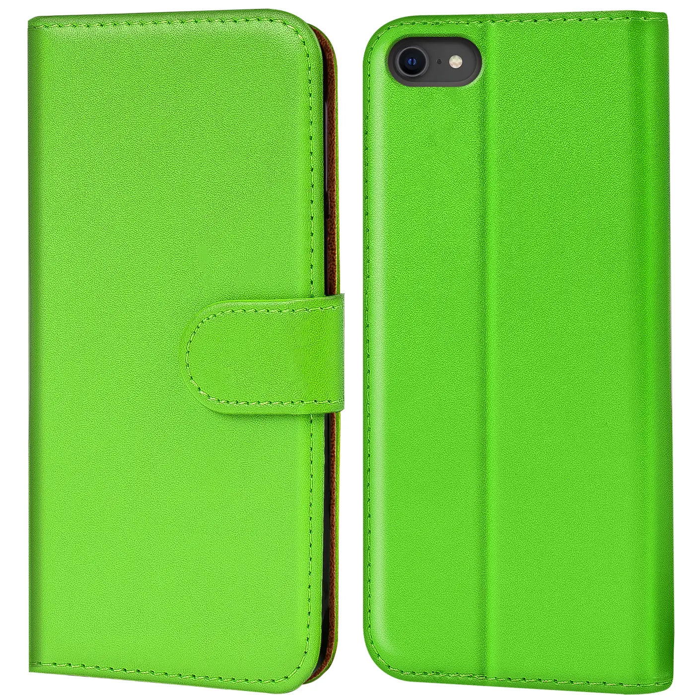 Grüne Kunstleder-Klapphülle mit Kartenfächern, Vorder- und Rückansicht, iPhone 7/8/SE.
