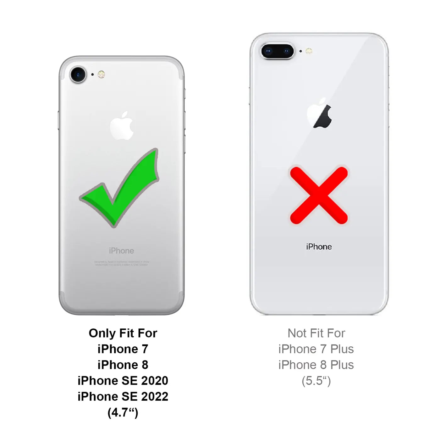 Zwei iPhones, silber, Rückansicht. Links iPhone 7/8/SE mit grünem Haken, rechts iPhone 7+/8+ mit rotem Kreuz.