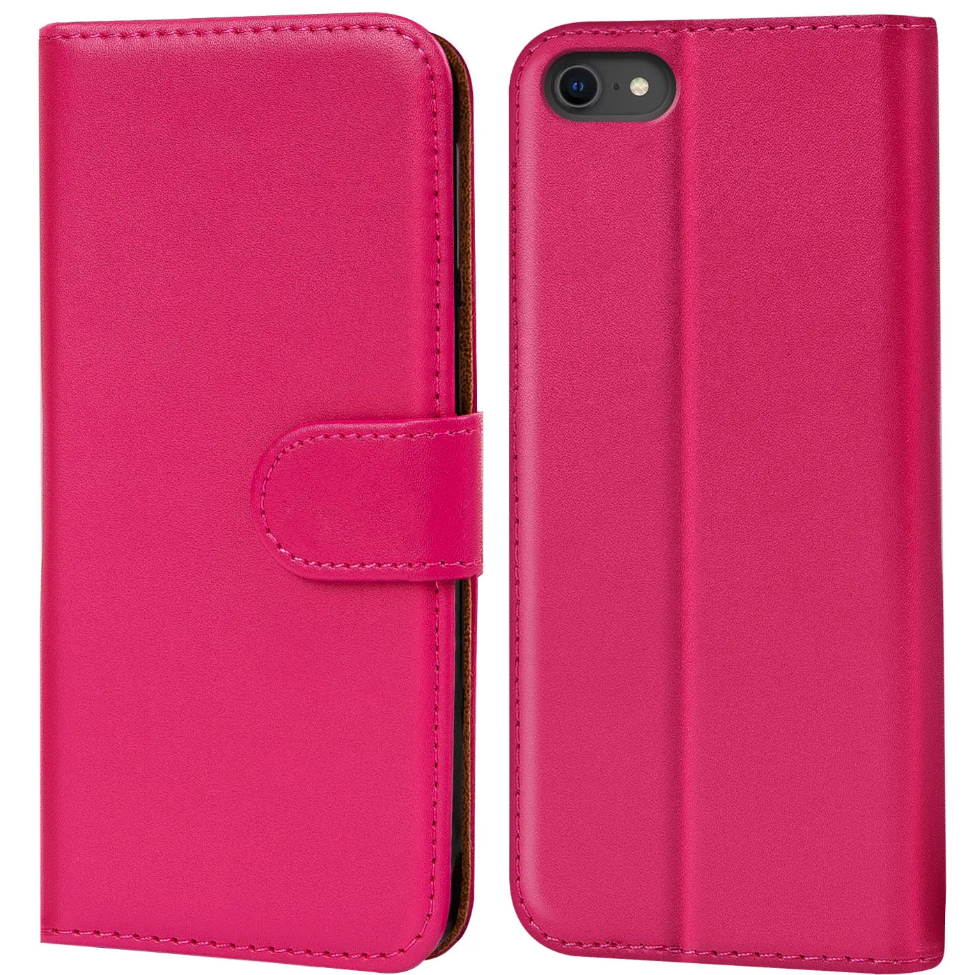 Pink Kunstleder Klapphülle mit Kartenfächern, Vorder- und Rückansicht, iPhone 7/8/SE.