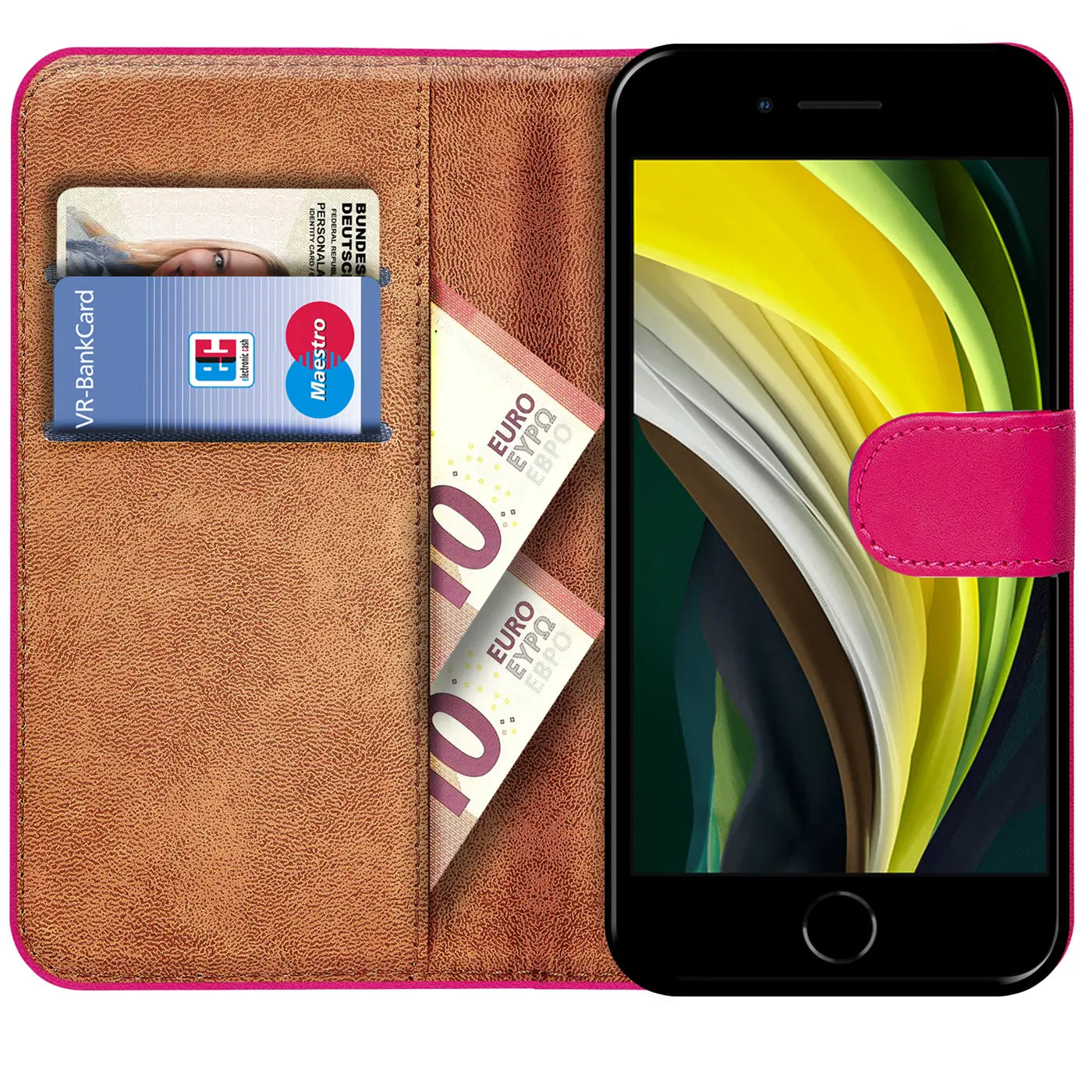 Pink Kunstleder Klapphülle mit Kartenfächern, braunem Innenfutter, zeigt iPhone SE.