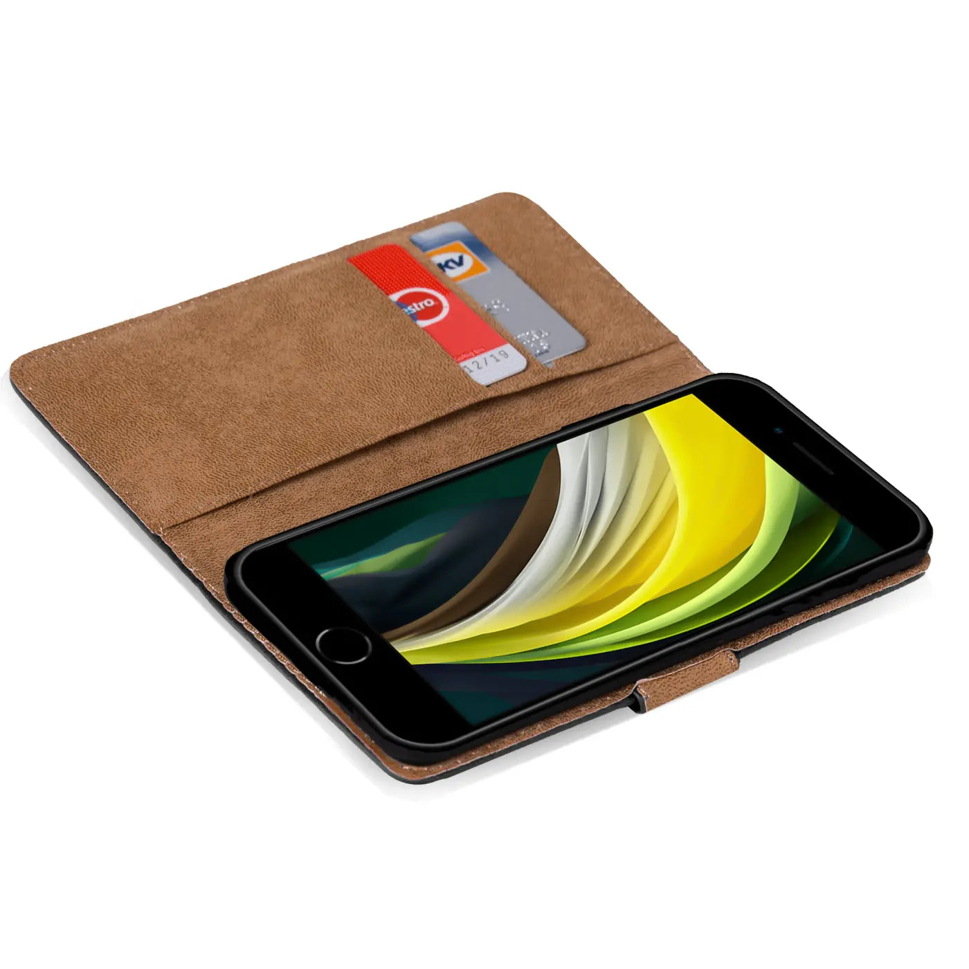 Braune Klapphülle aus Leder mit Kartenfächern, zeigt iPhone SE 2/3 von oben.
