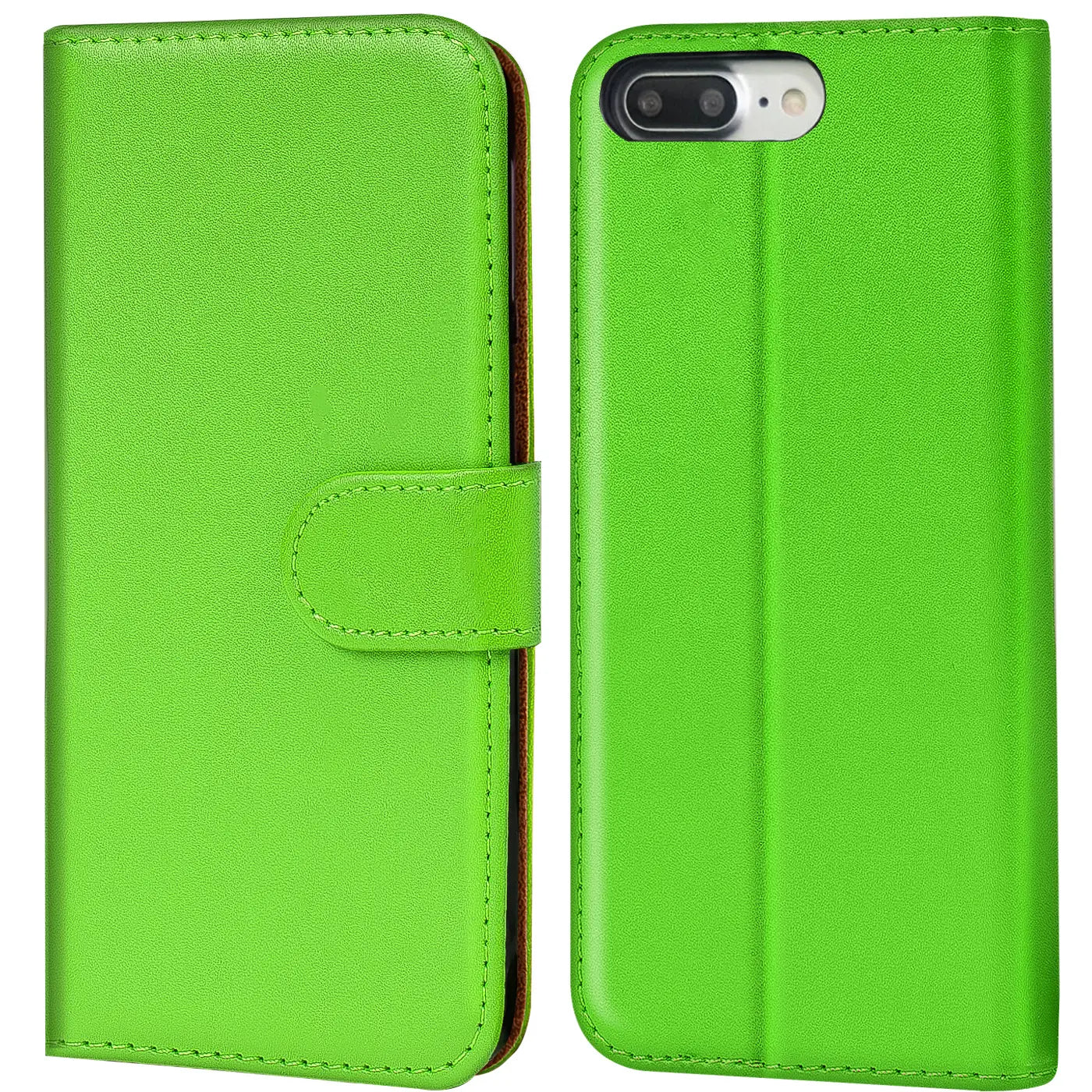 Grüne Klapphülle aus Leder mit Kartenfächern, Vorder- und Rückansicht, für iPhone 7 Plus/8 Plus.