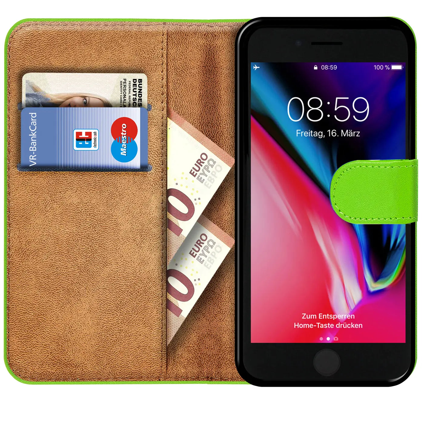 Grüne Klapphülle aus Leder mit Kartenfächern und Euro-Scheinen, iPhone 7/8 Plus mit Display.