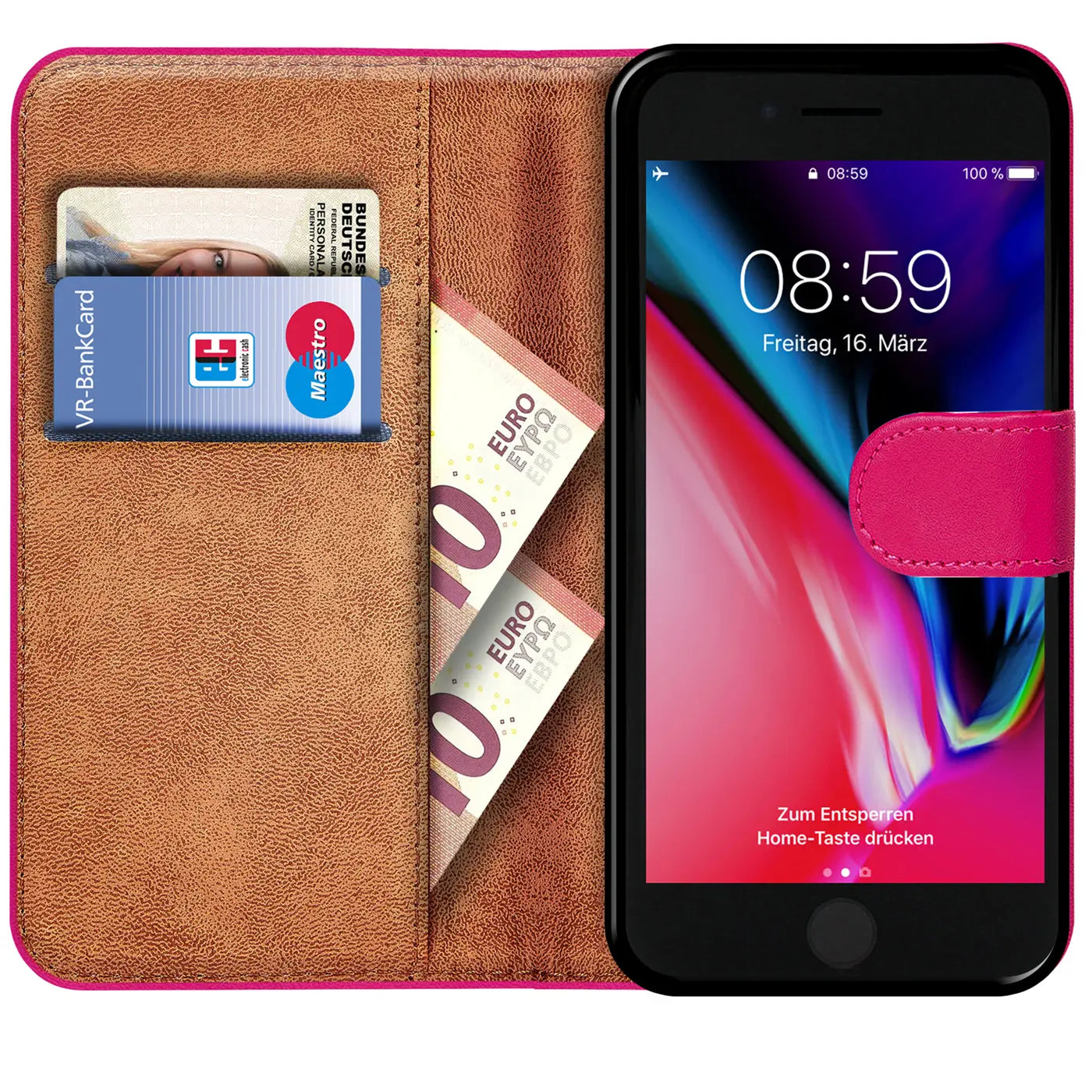 Braune Leder-Klapphülle mit pinkem Verschluss, zeigt iPhone 8 Plus mit Karten und Geldscheinen.