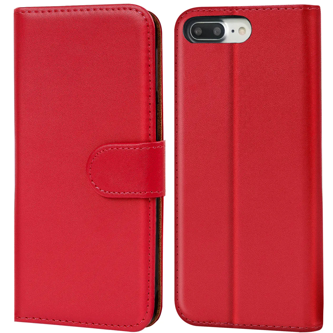 Rote Leder-Klapphülle mit Kartenfächern, Vorder- und Rückansicht, iPhone 7 Plus/8 Plus.