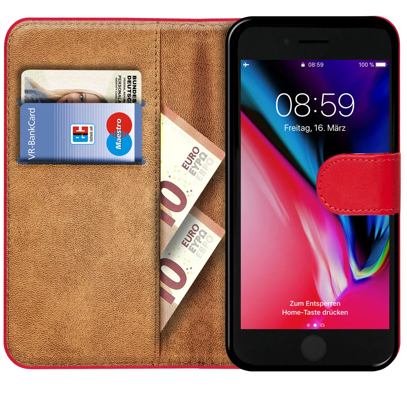 Rote Klapphülle aus Leder mit Kartenfächern, zeigt iPhone 8 Plus, von vorne